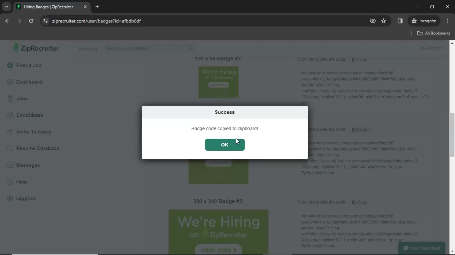 Copying a hiring badge code screenshot