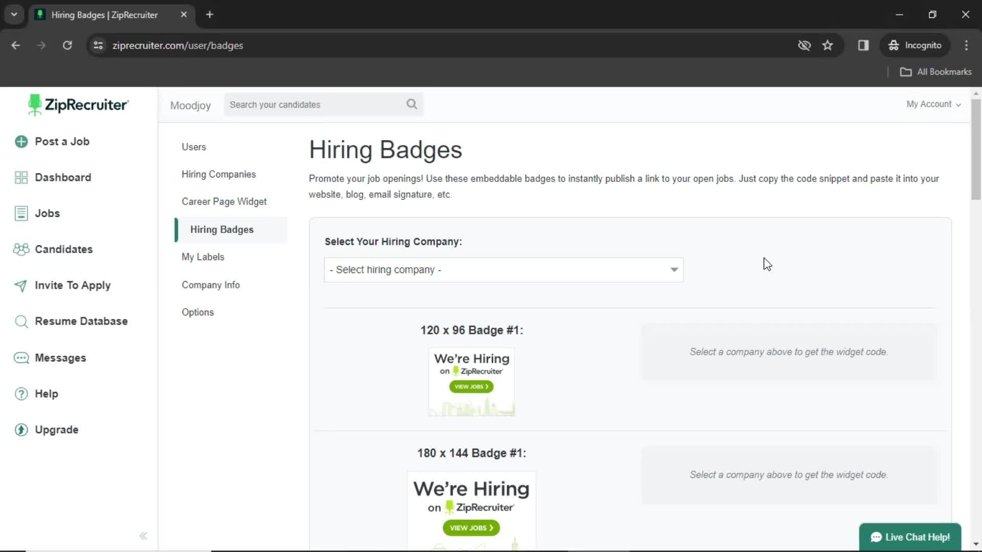 Copying a hiring badge code screenshot