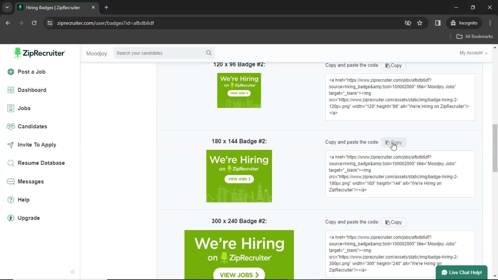 Copying a hiring badge code screenshot