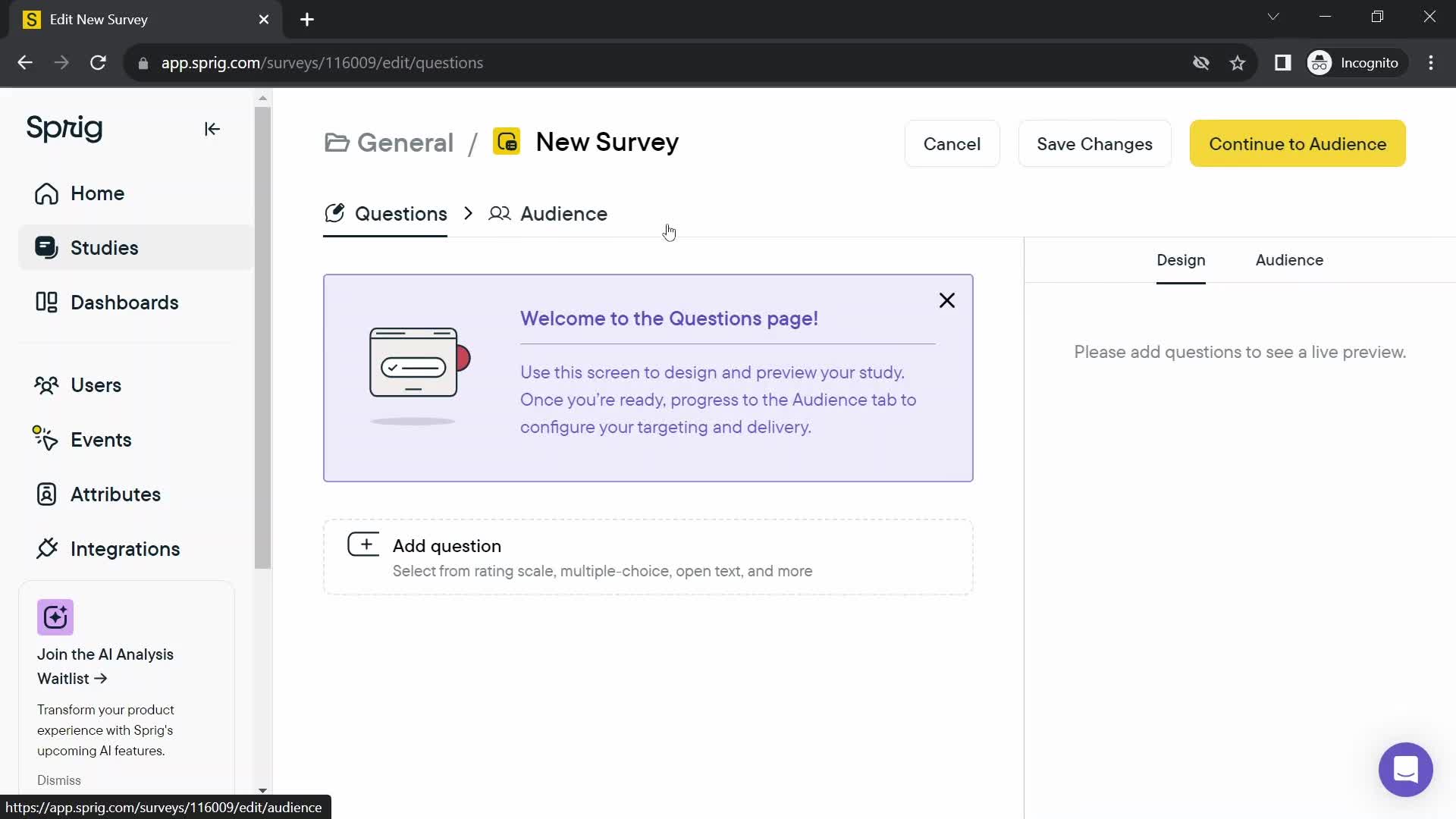 Screenshot of Survey editor on Creating a survey on Sprig user flow