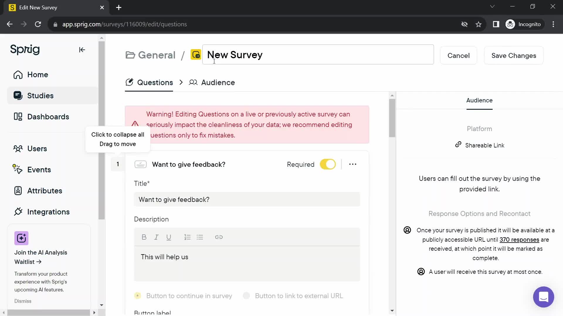 Creating a survey screenshot