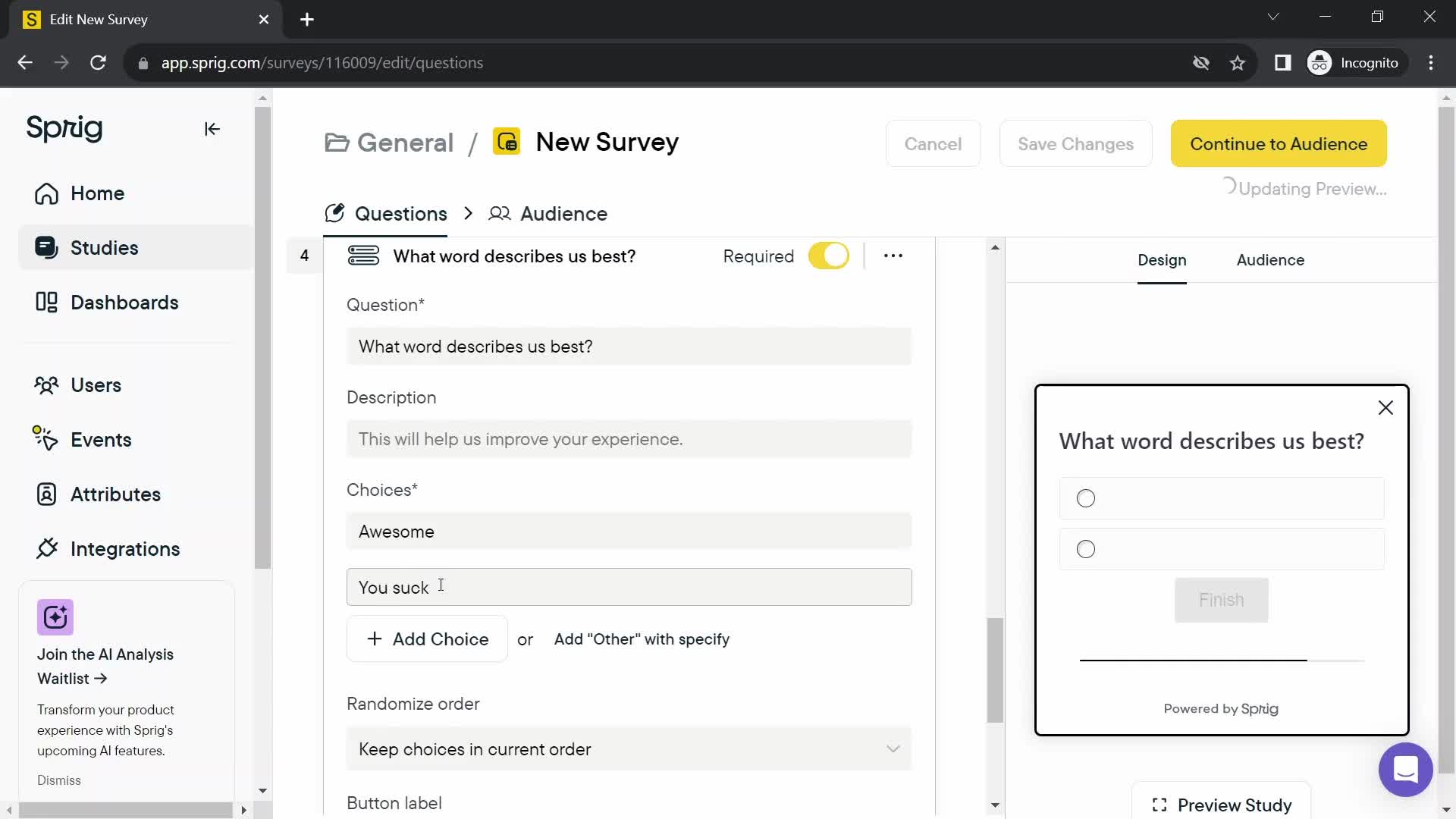 Creating a survey screenshot