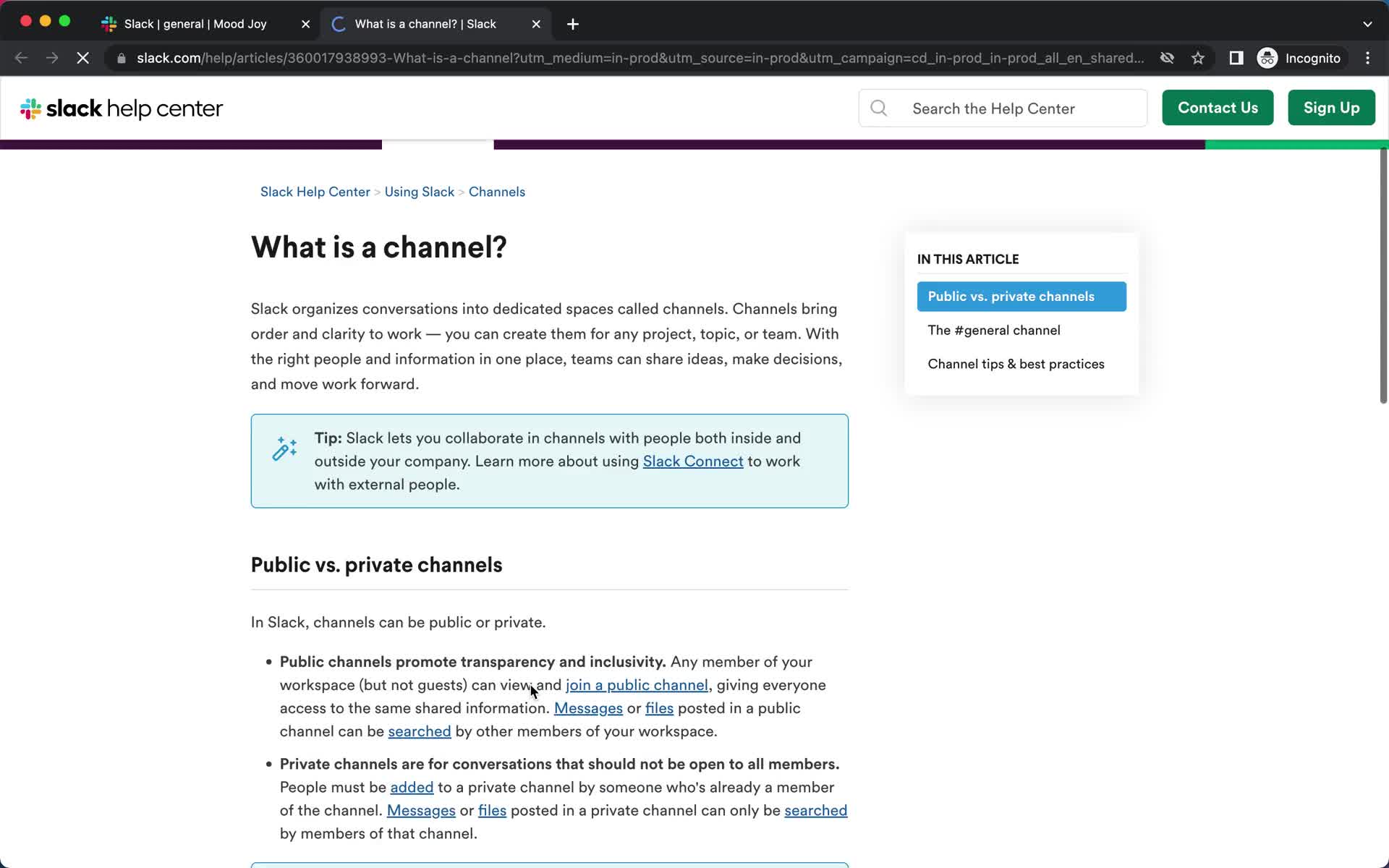 Screenshot of Guide on Creating a channel on Slack user flow