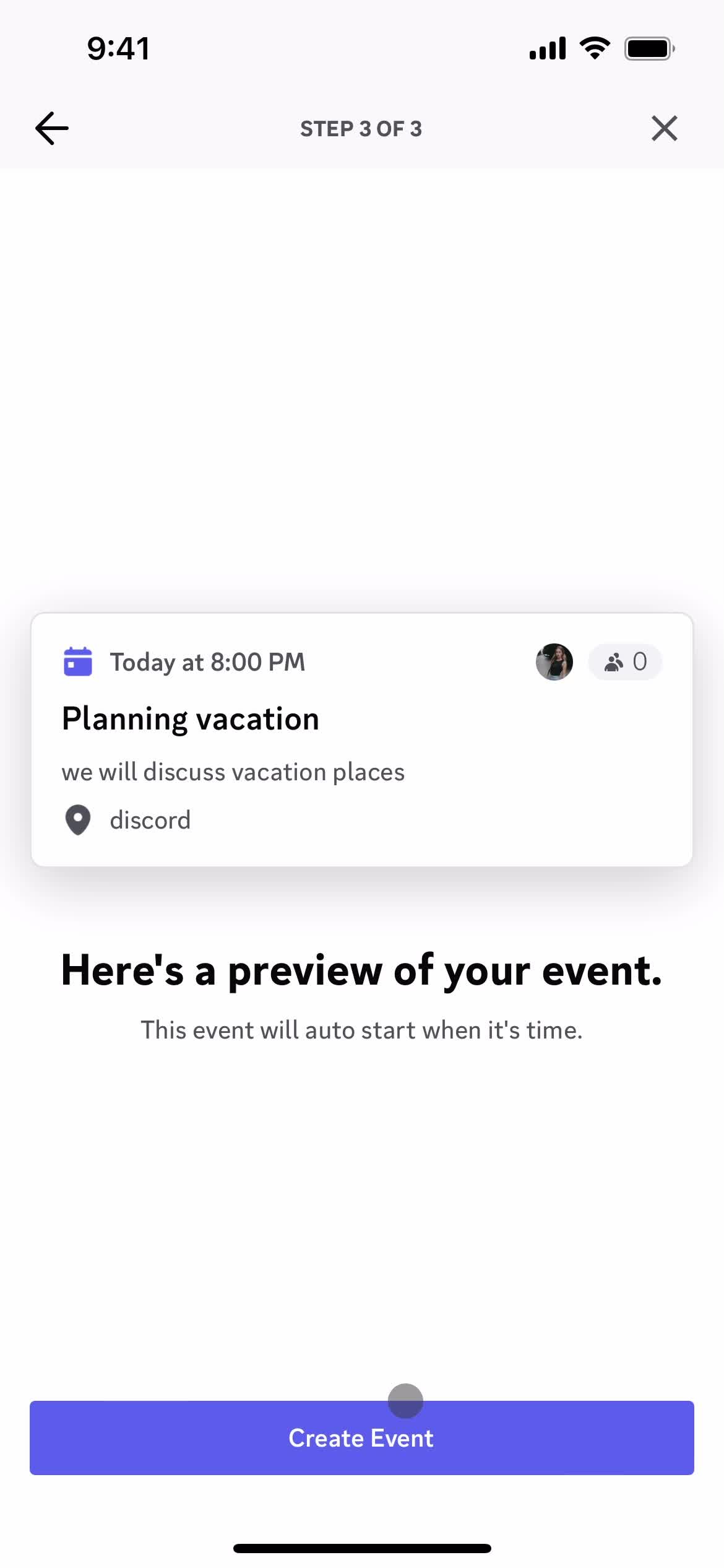 Creating an event screenshot