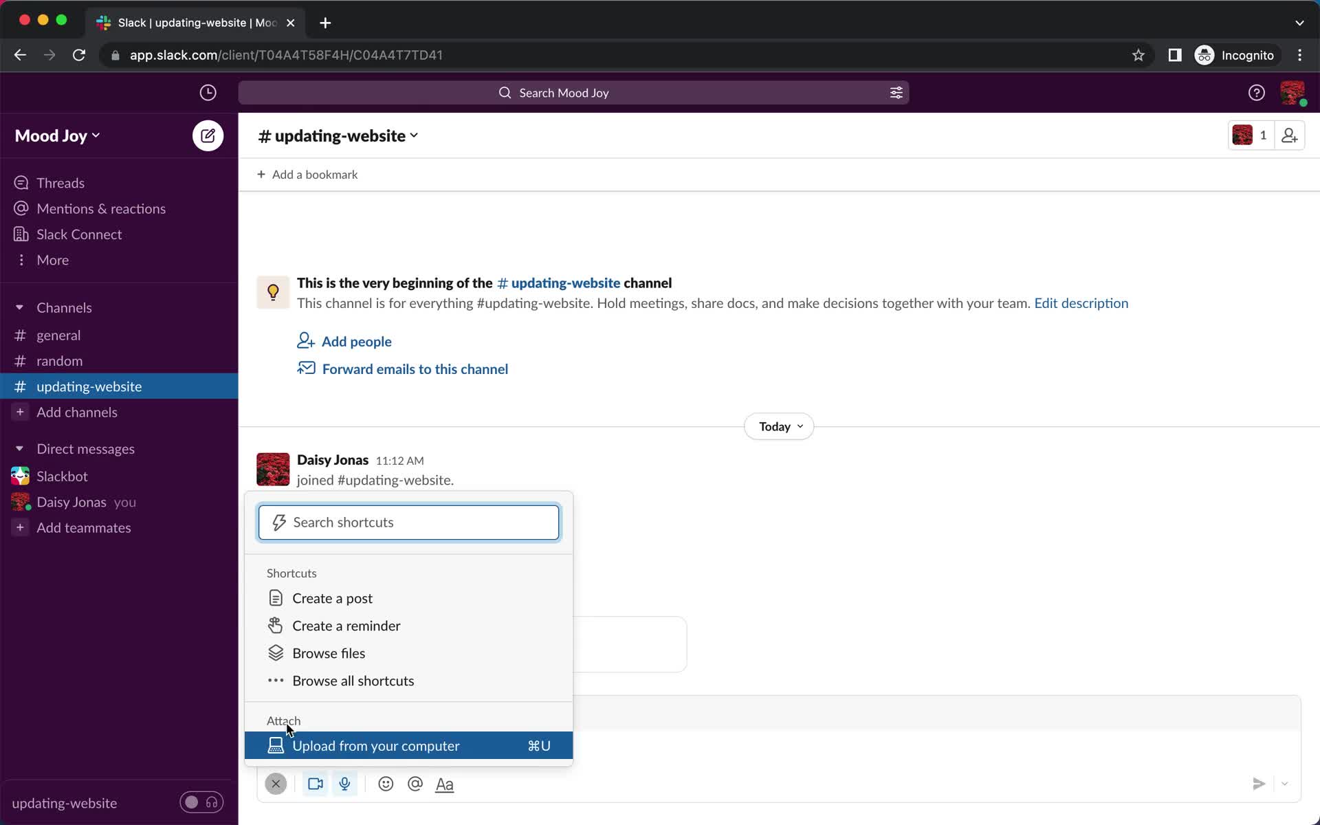 Screenshot of Select post type on Creating a document on Slack user flow