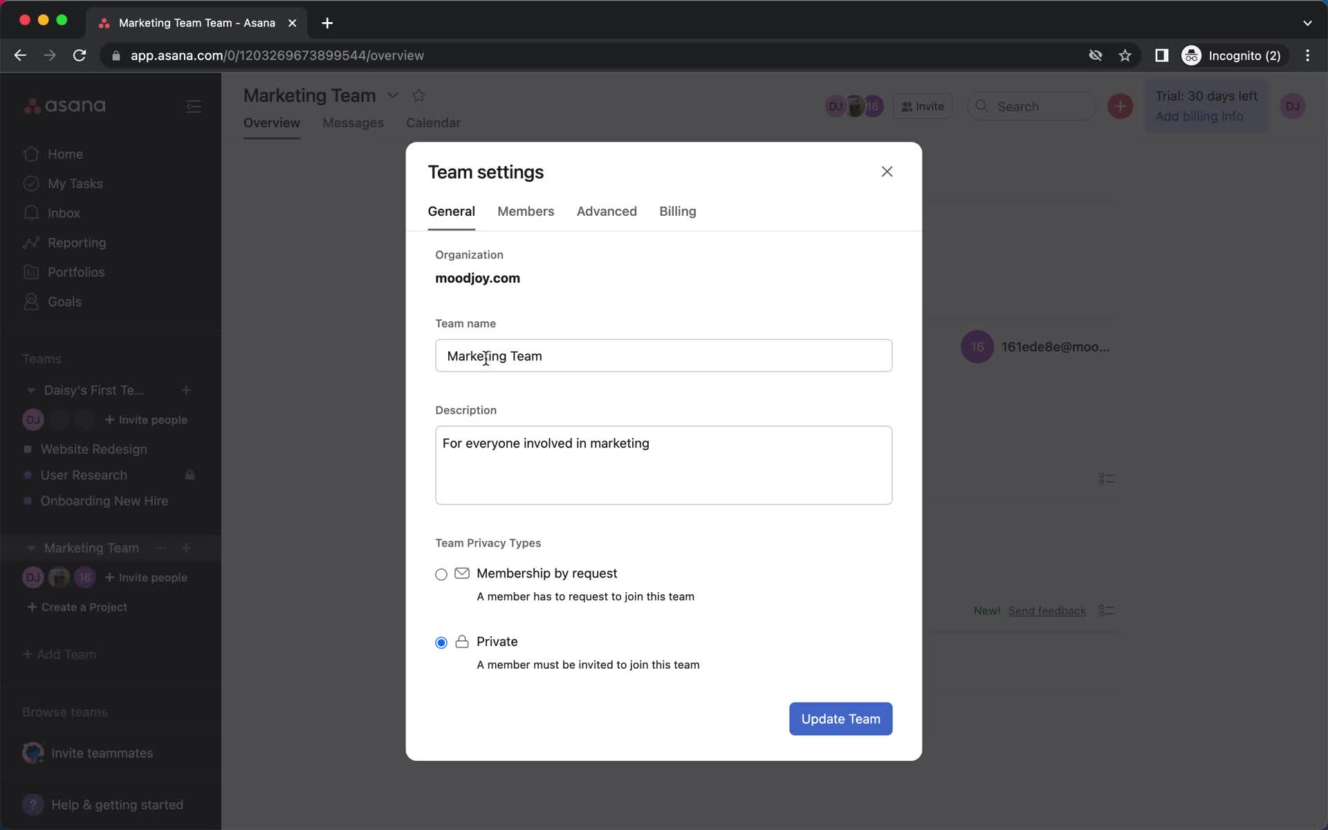 Screenshot of Team settings on Creating a group on Asana user flow