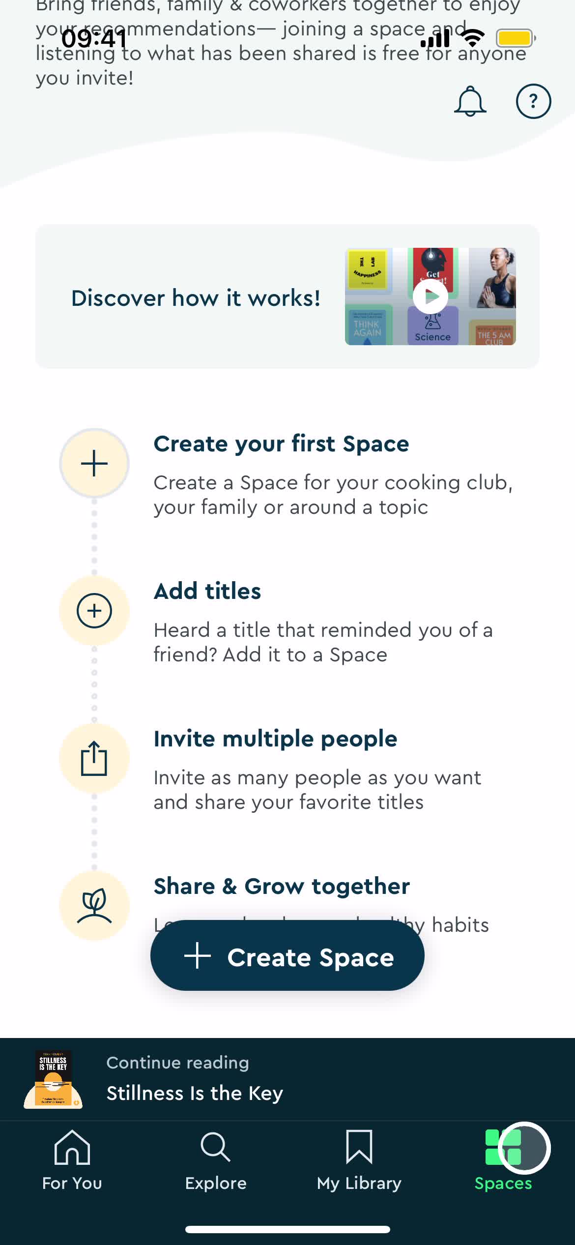 Screenshot of Spaces on Creating a group on Blinkist user flow