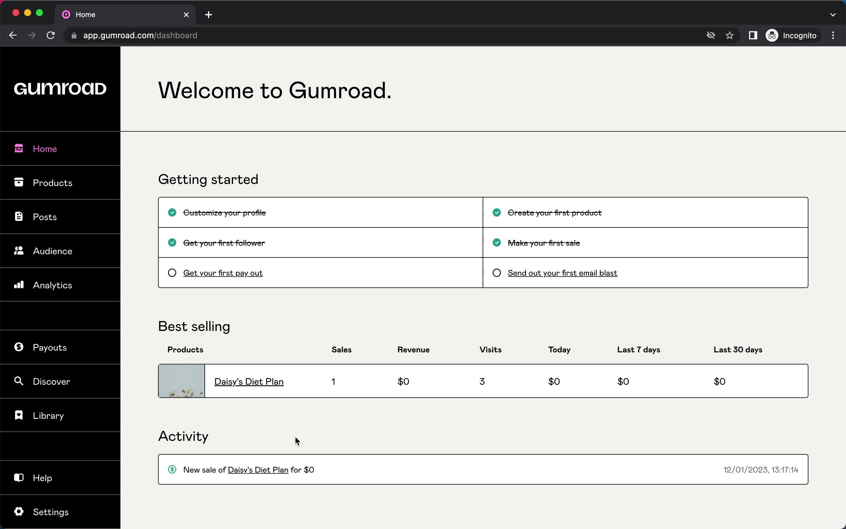 Screenshot of Home on Creating a post on Gumroad user flow