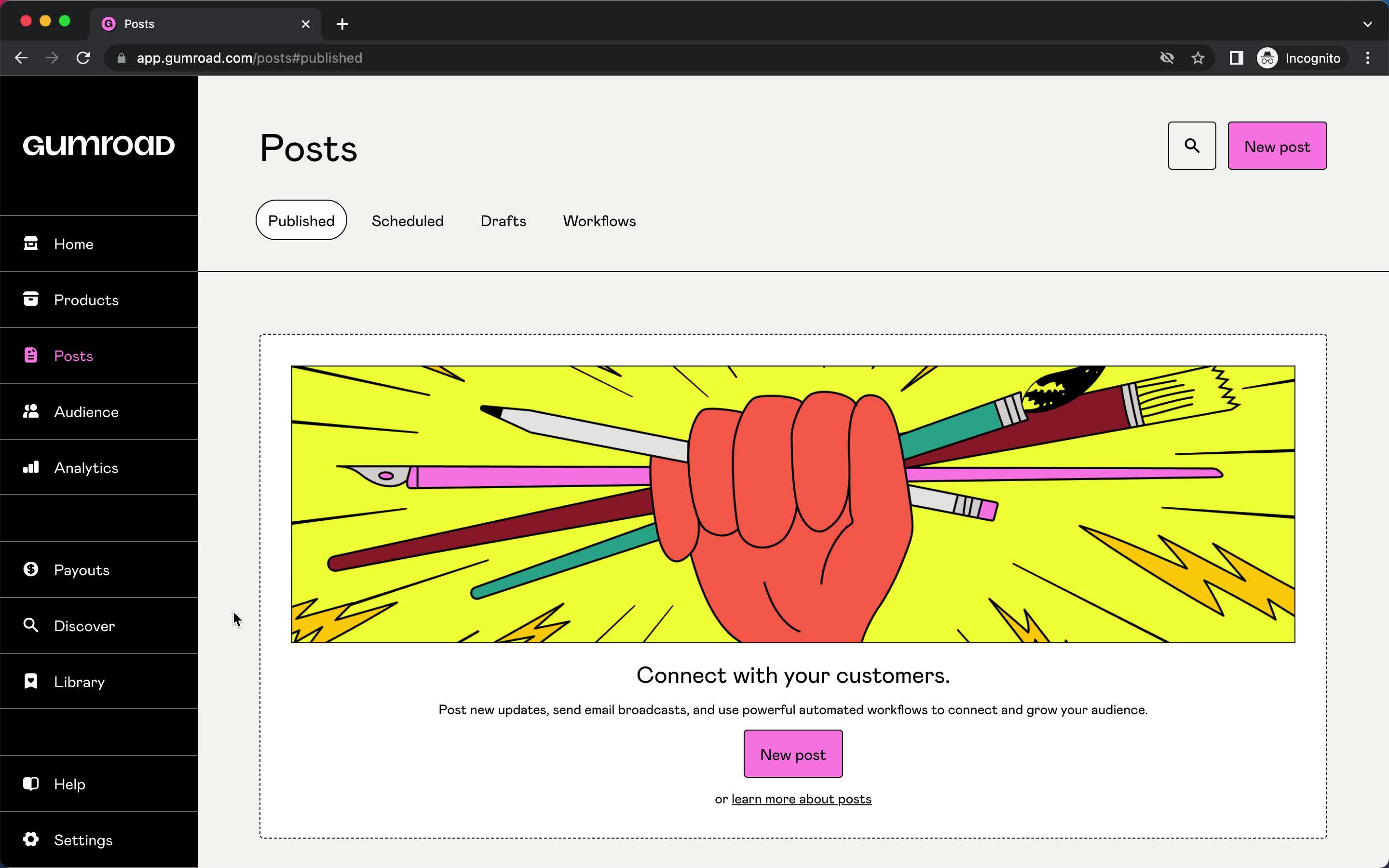 Screenshot of Posts on Creating a post on Gumroad user flow