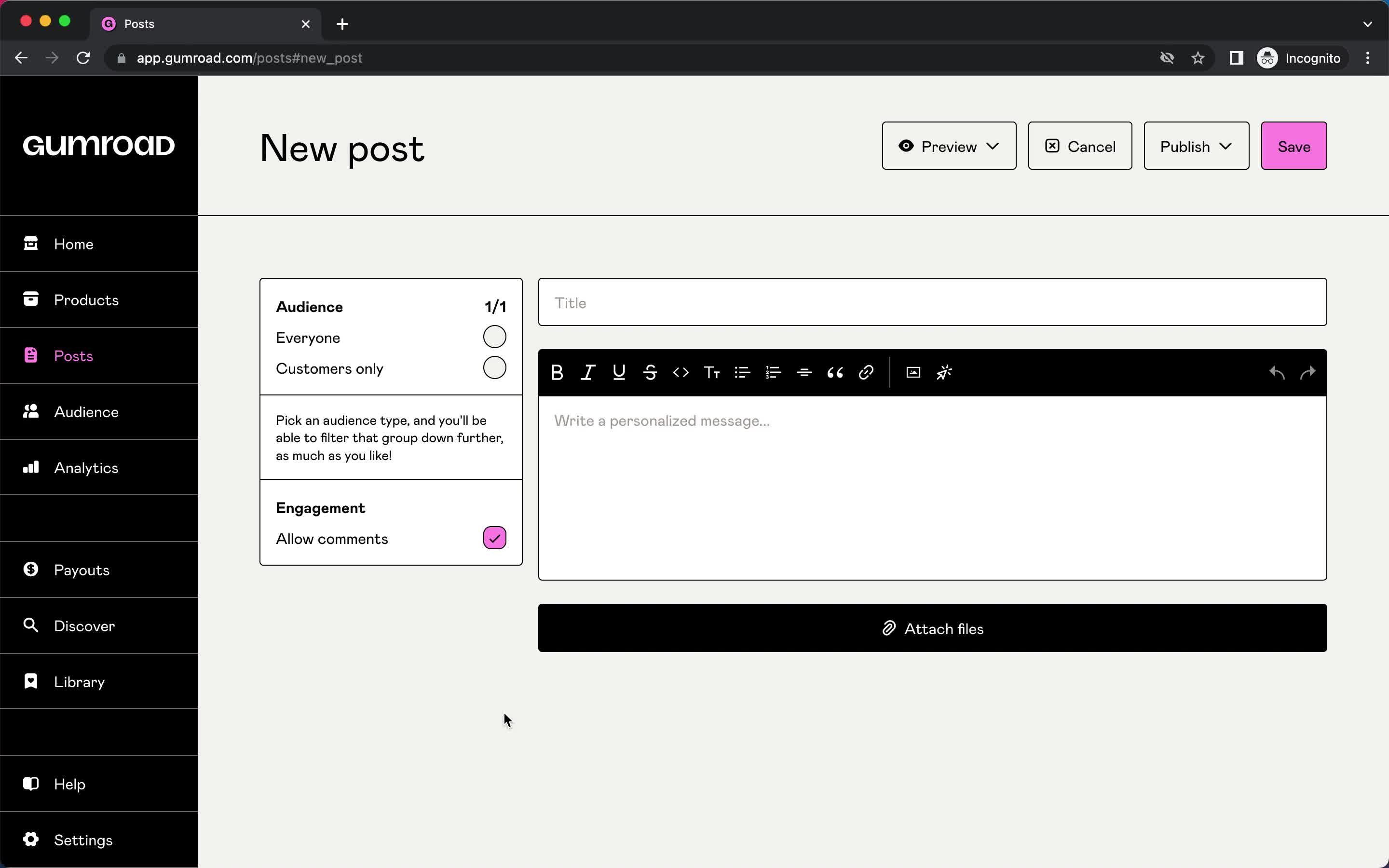 Screenshot of Create post on Creating a post on Gumroad user flow