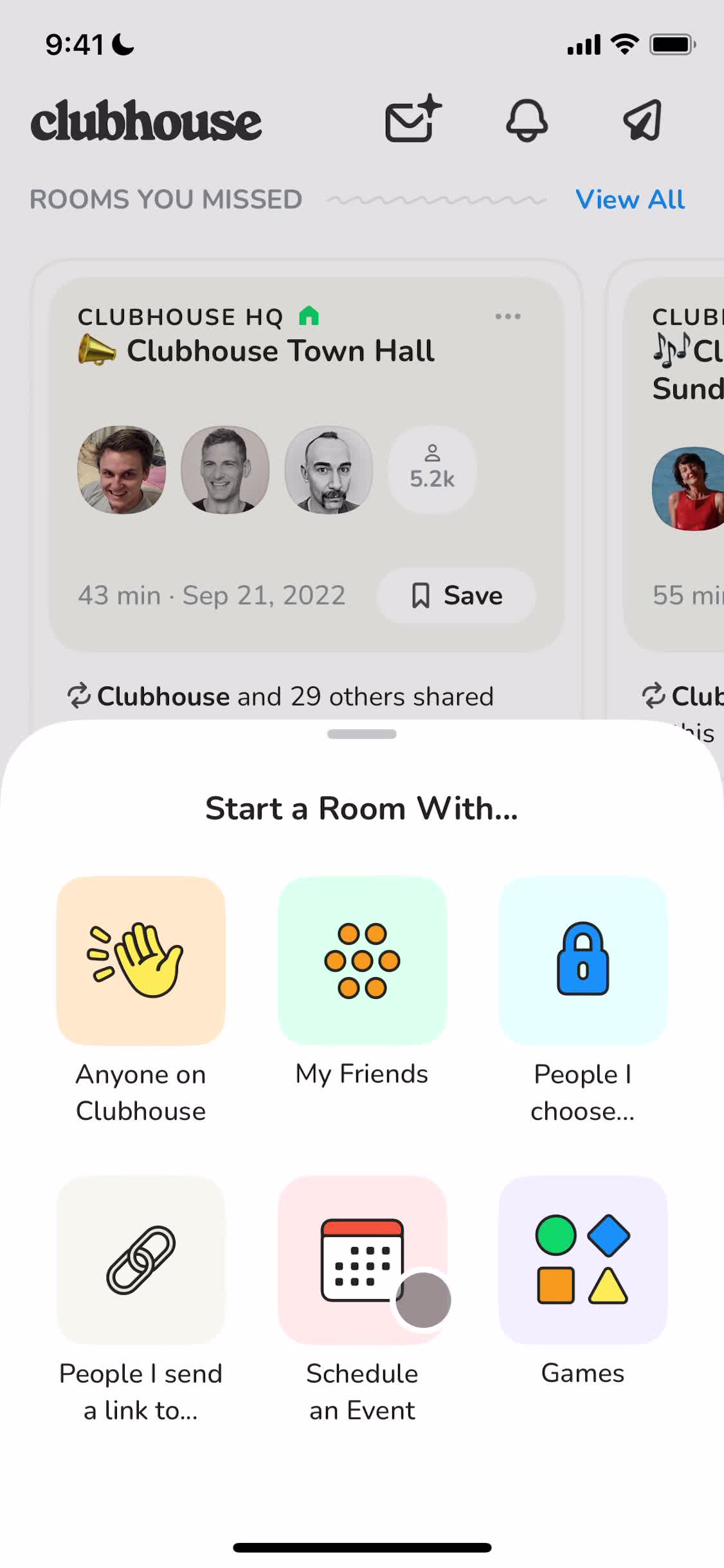 Screenshot of Start room on Starting a room on Clubhouse user flow