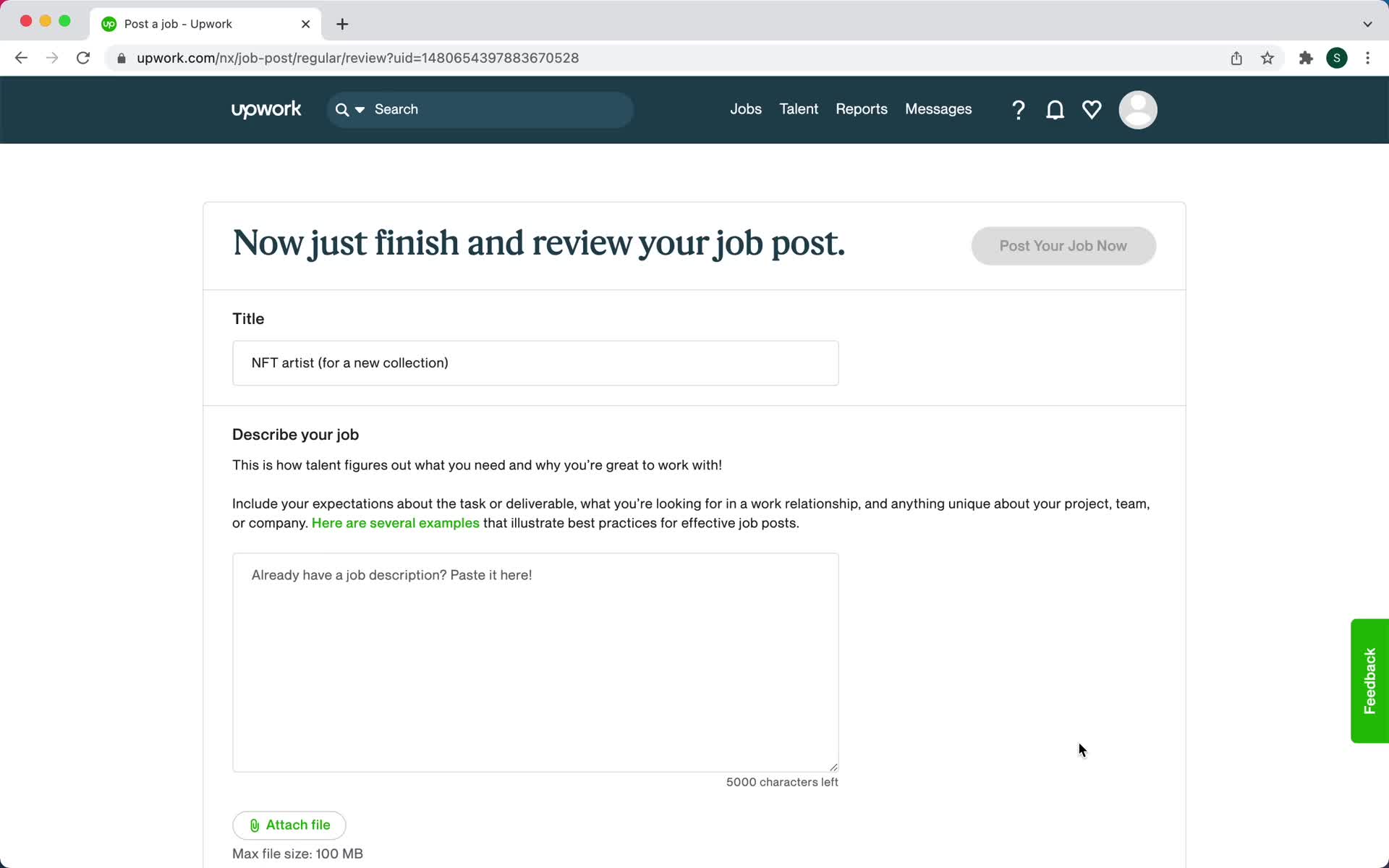 Creating a job post screenshot