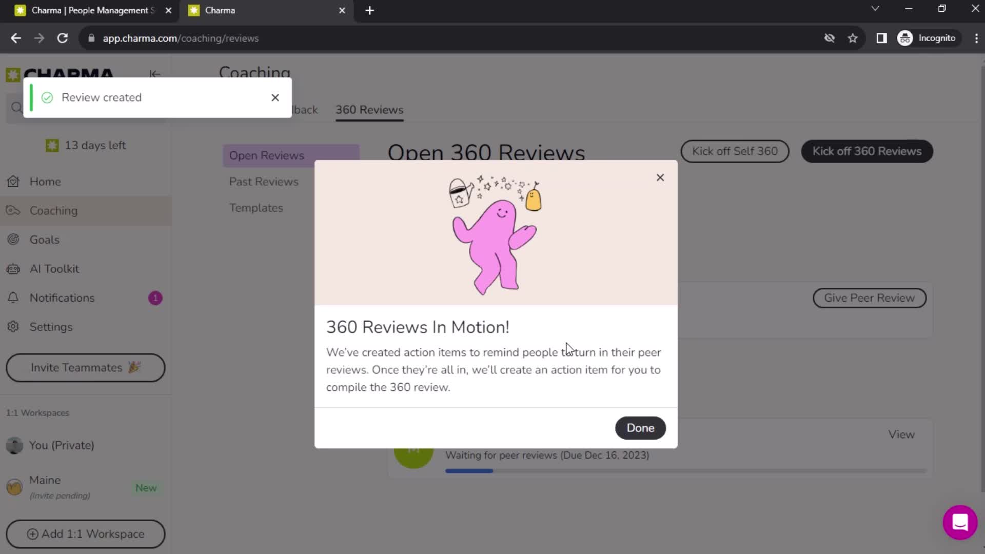 Setting up 360 review screenshot