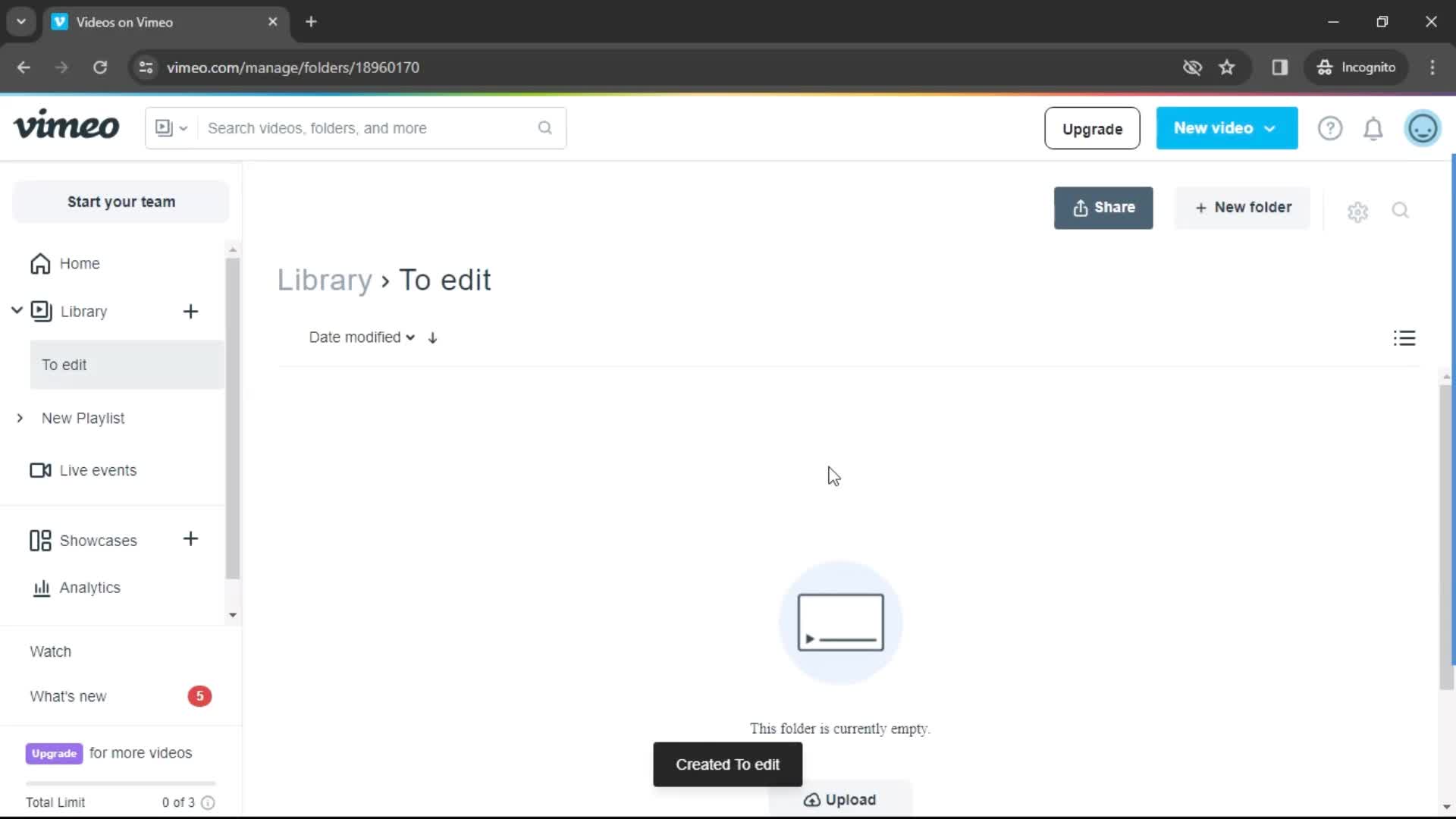 Creating a folder on Vimeo video thumbnail