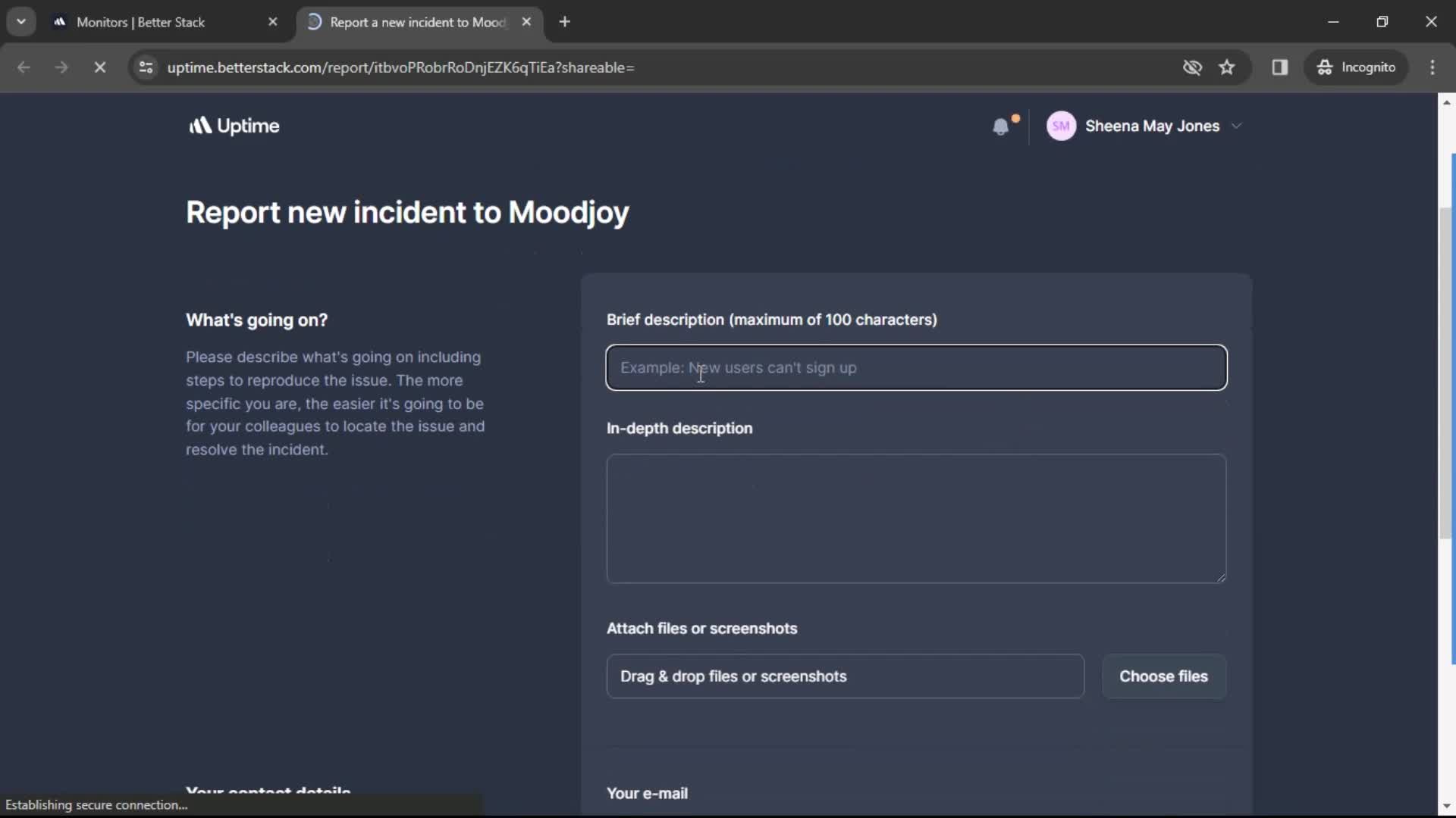 Creating incident screenshot