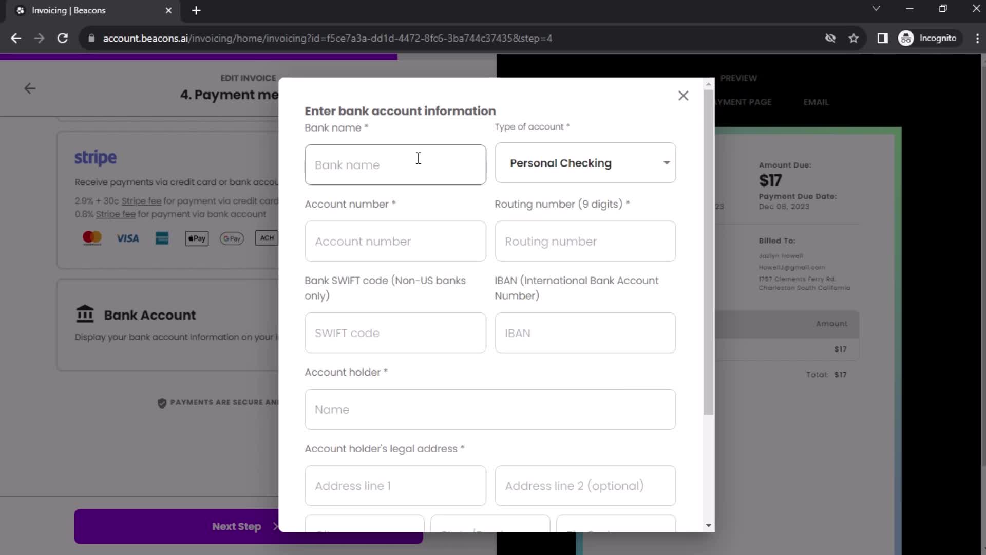 Creating an invoice screenshot