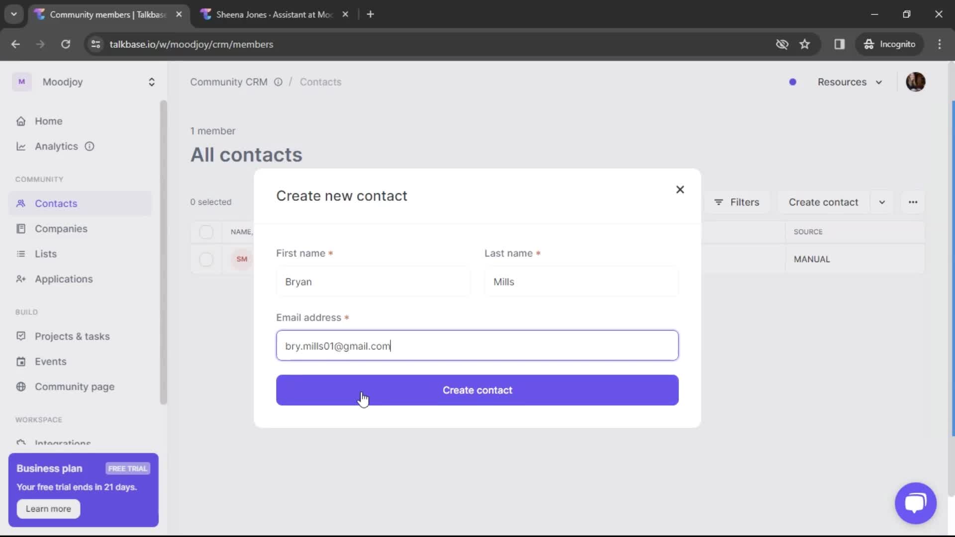 Creating new contact screenshot