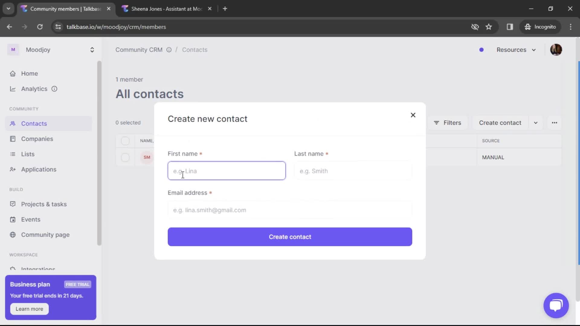 Creating new contact screenshot