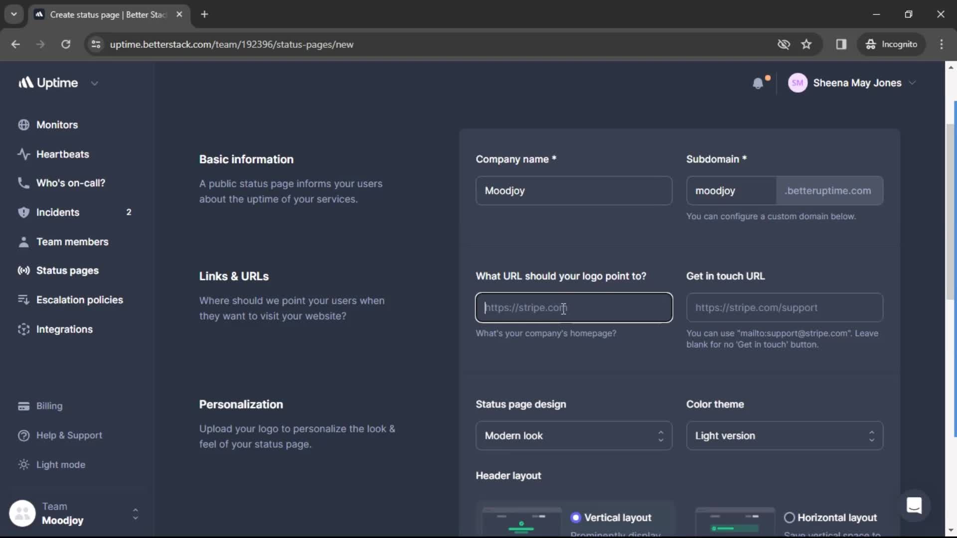 Creating status page screenshot