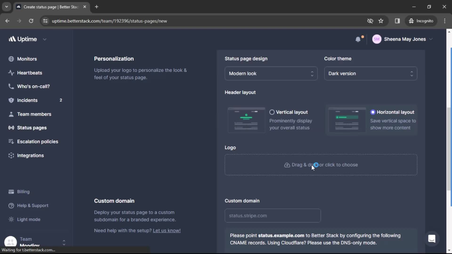 Creating status page screenshot