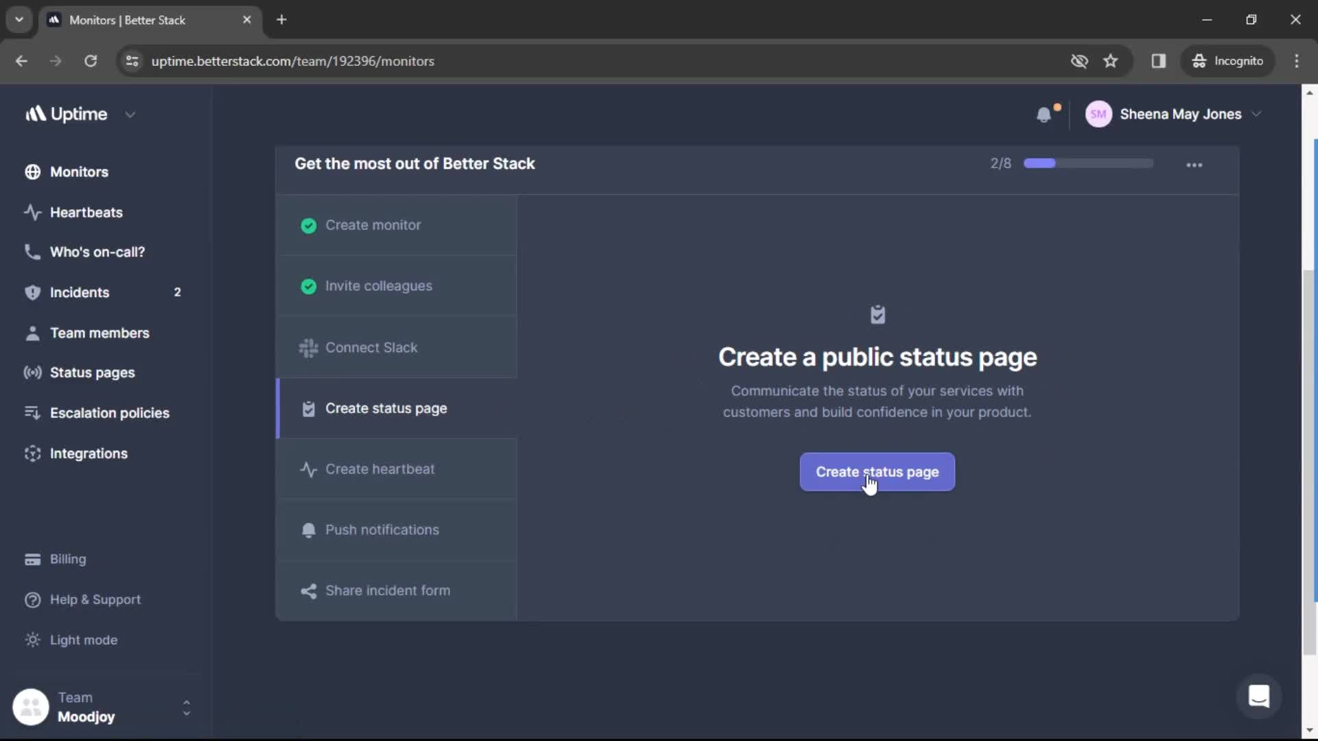 Creating status page screenshot