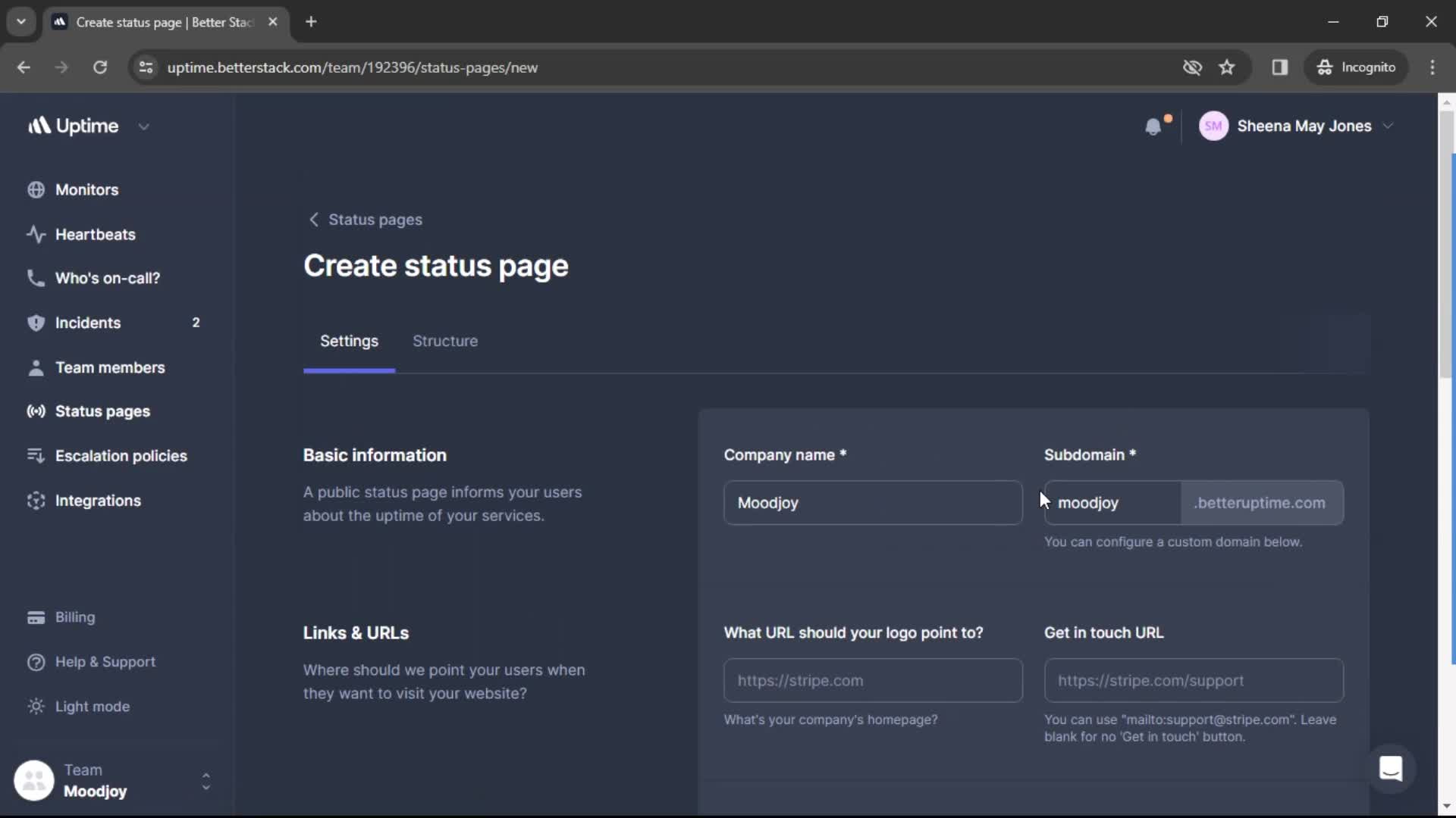 Creating status page screenshot