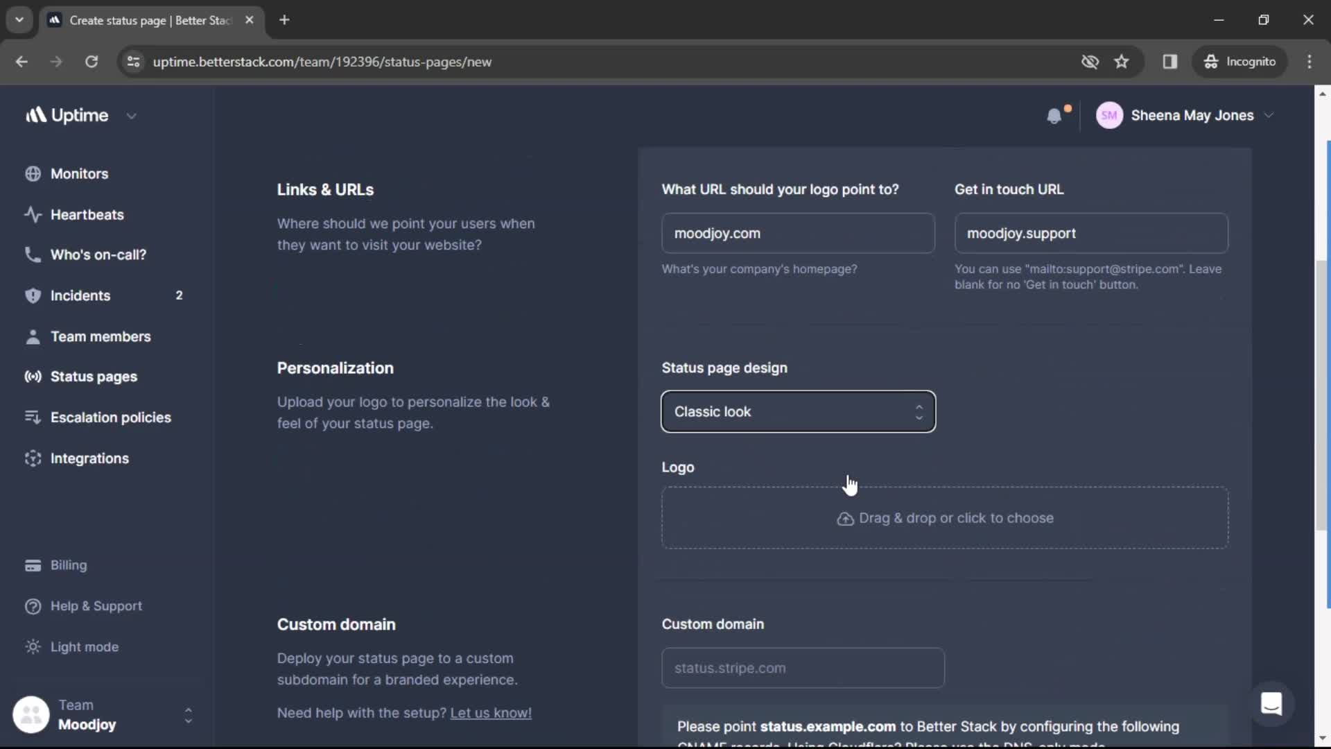 Creating status page screenshot