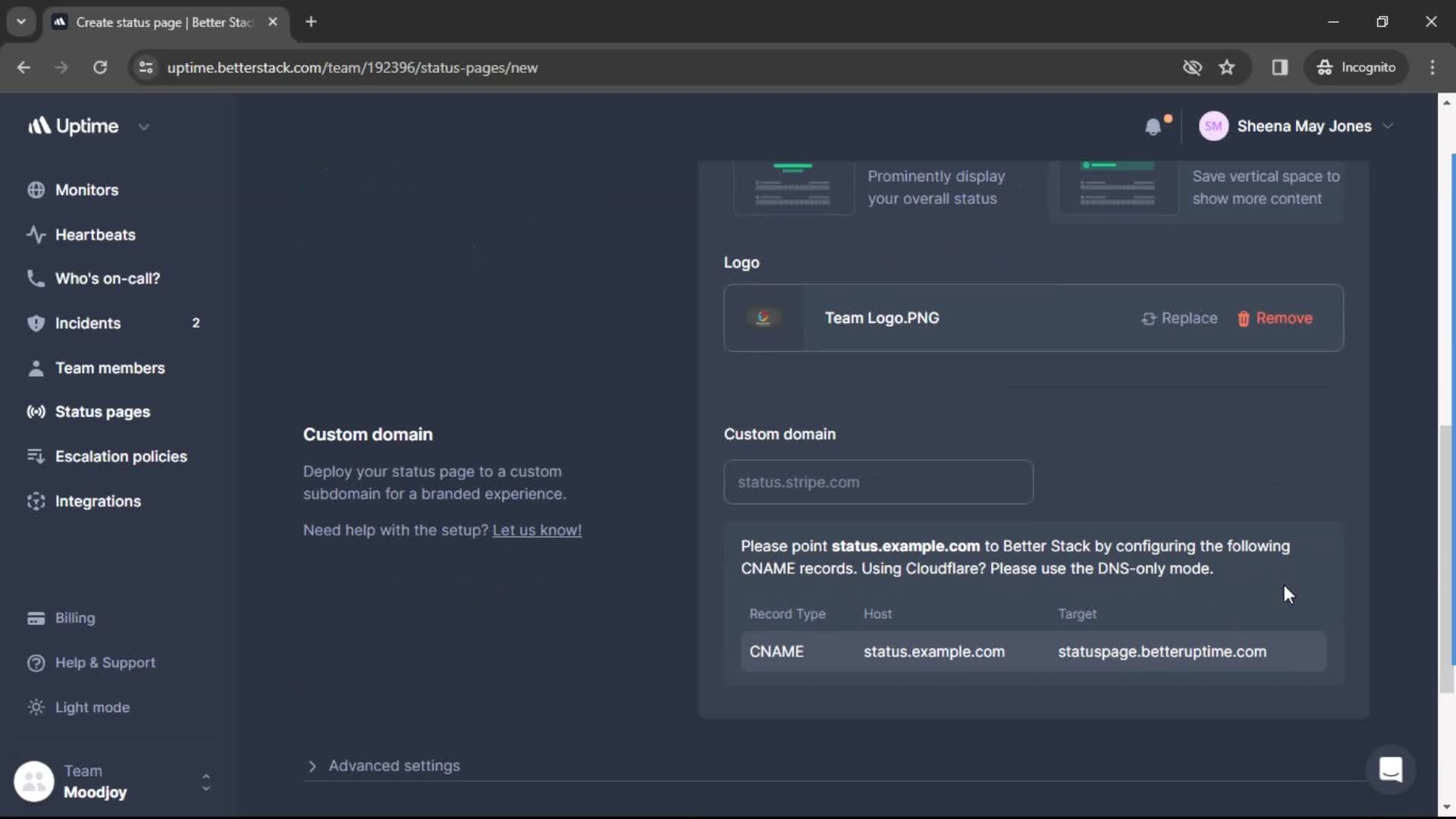 Creating status page screenshot