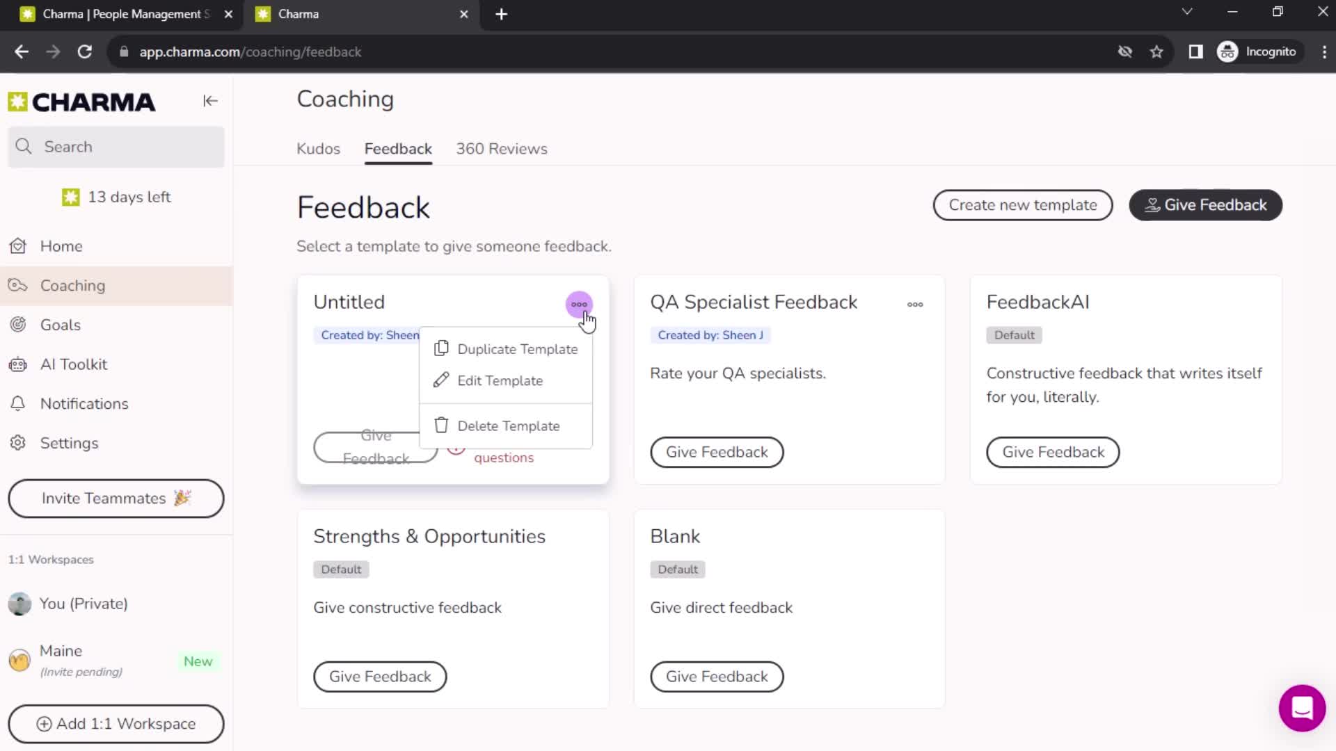 Creating feedback template screenshot