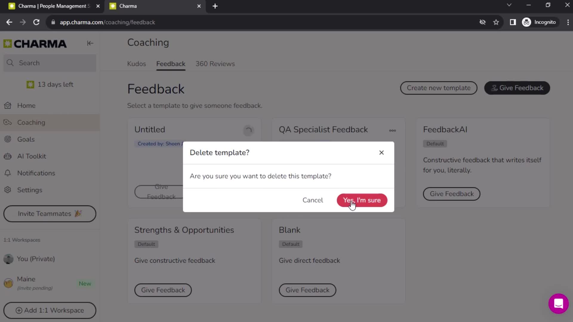 Creating feedback template screenshot