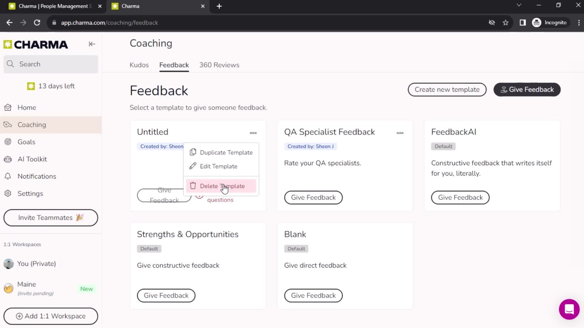 Creating feedback template screenshot