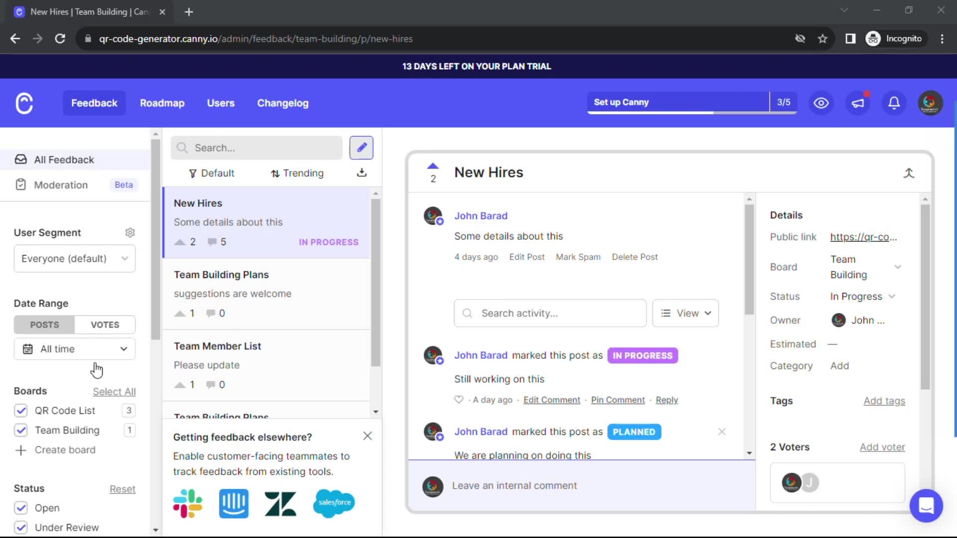 Screenshot of Homepage on Creating a board on Canny user flow