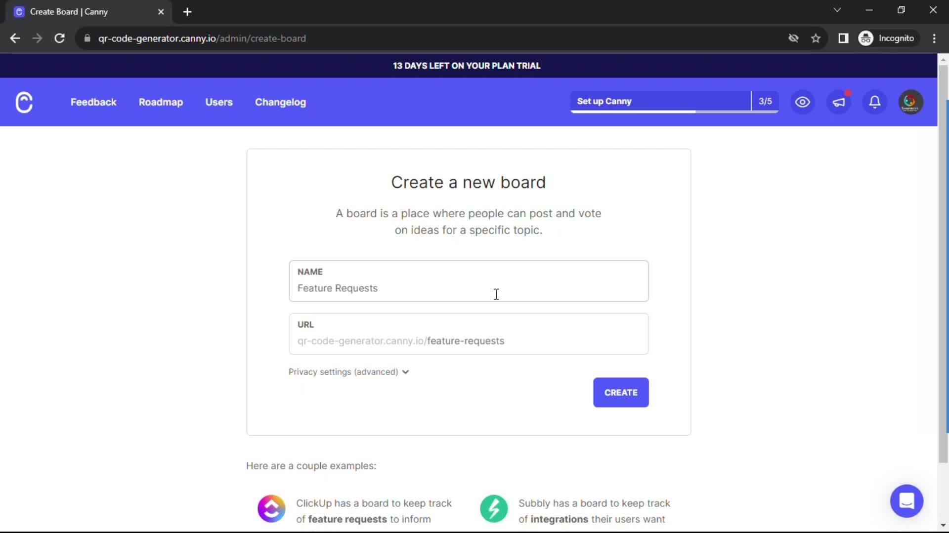 Screenshot of Account name on Creating a board on Canny user flow