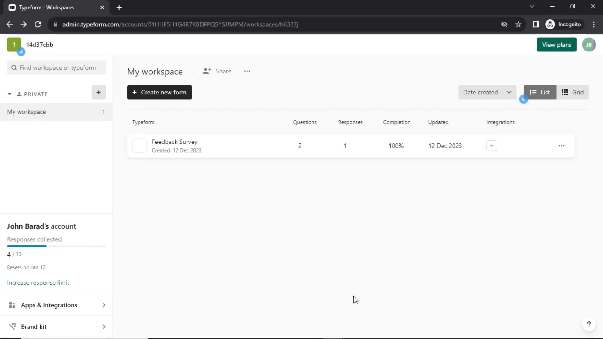 Screenshot of Workspace on Creating a form on Typeform user flow