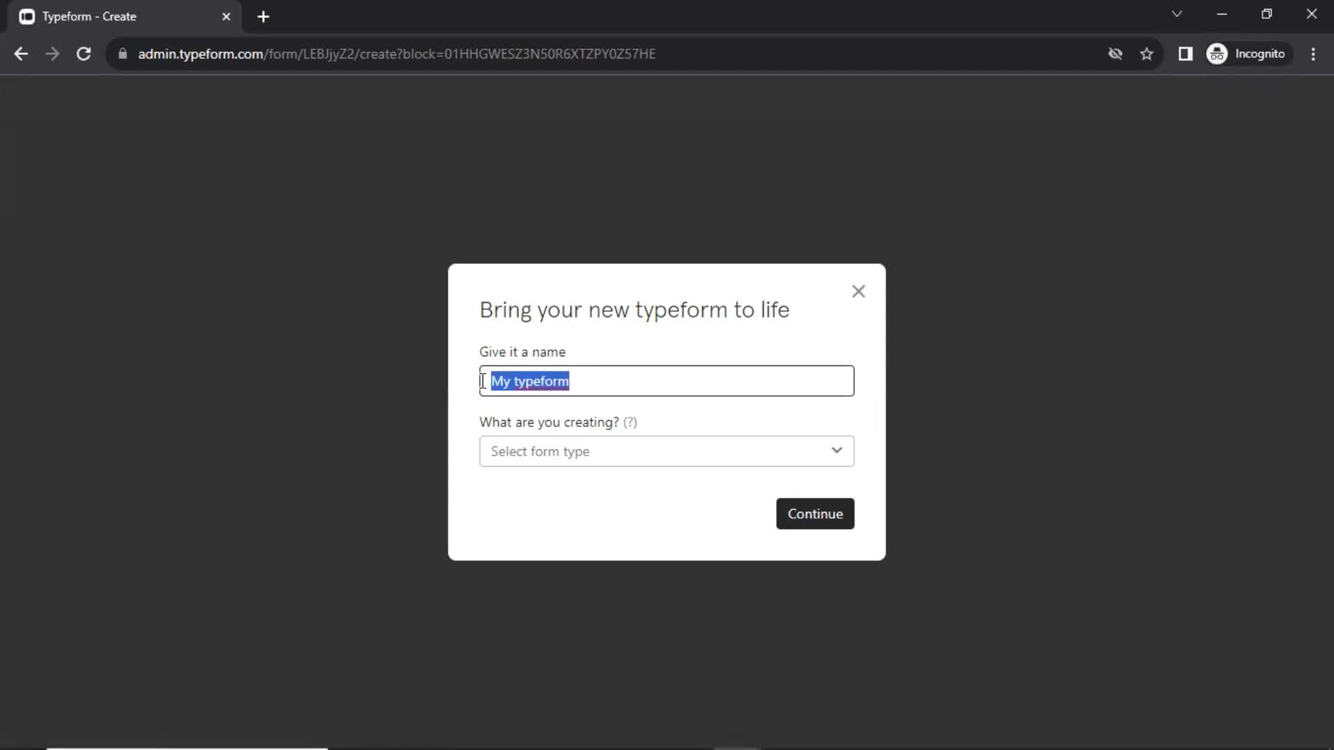 Screenshot of Set name on Creating a form on Typeform user flow