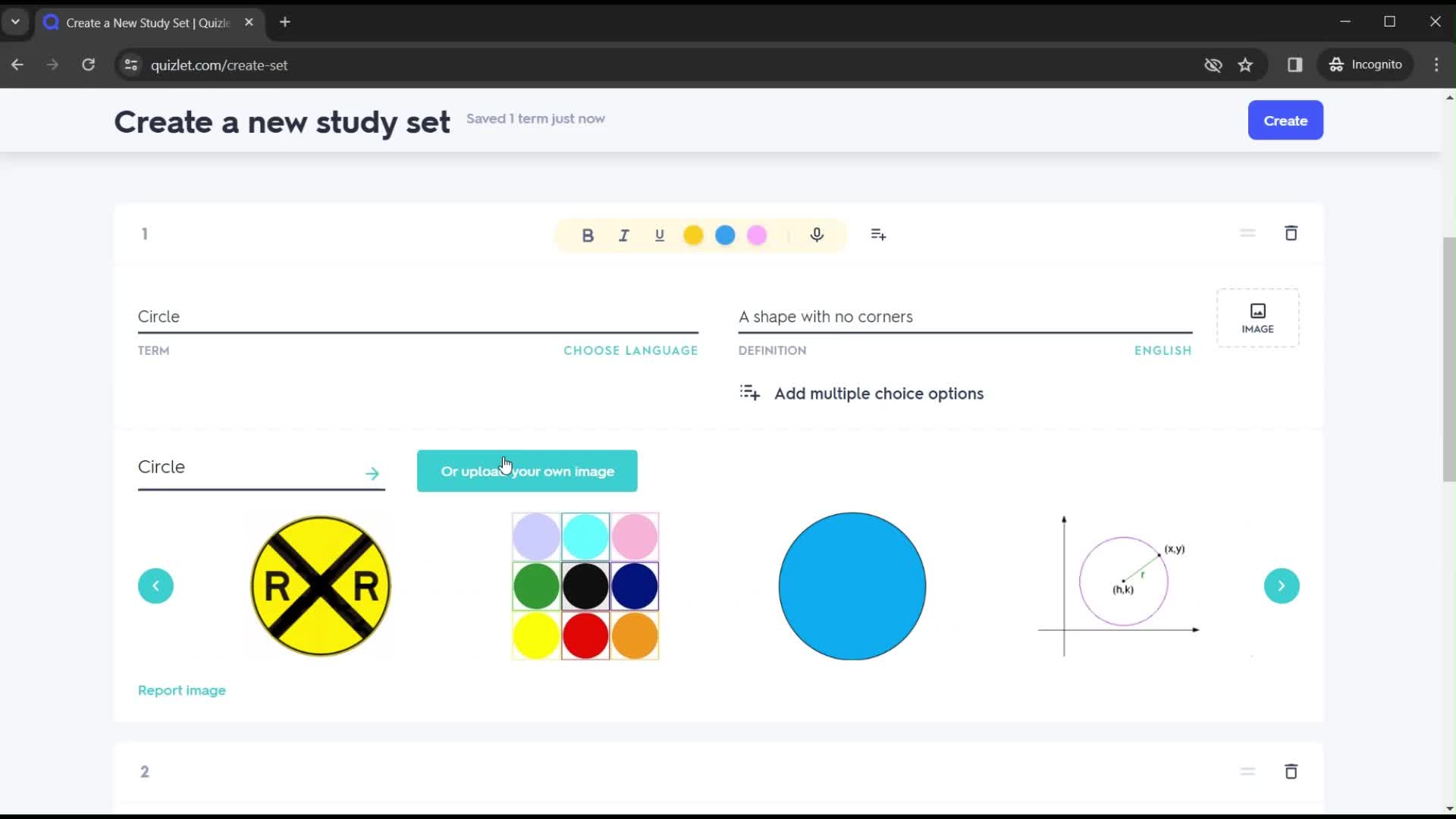 Creating a new study set screenshot