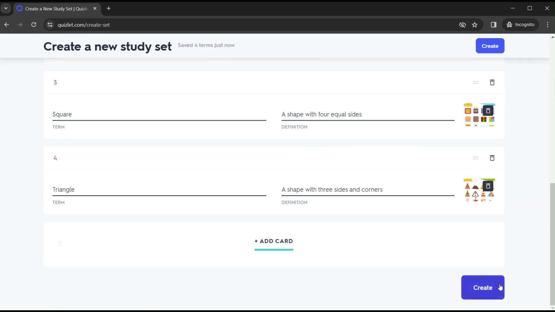 Creating a new study set screenshot