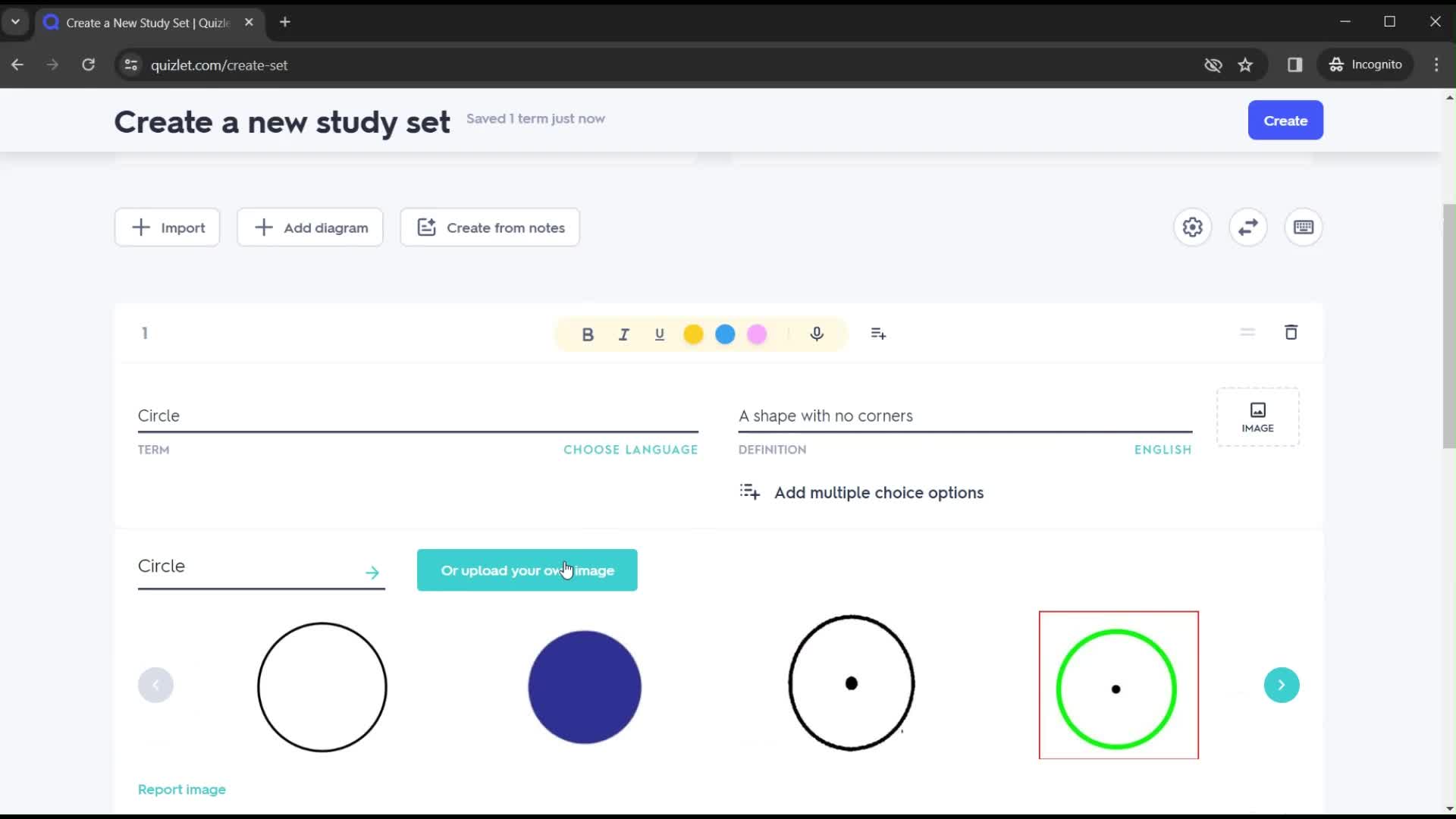 Creating a new study set screenshot