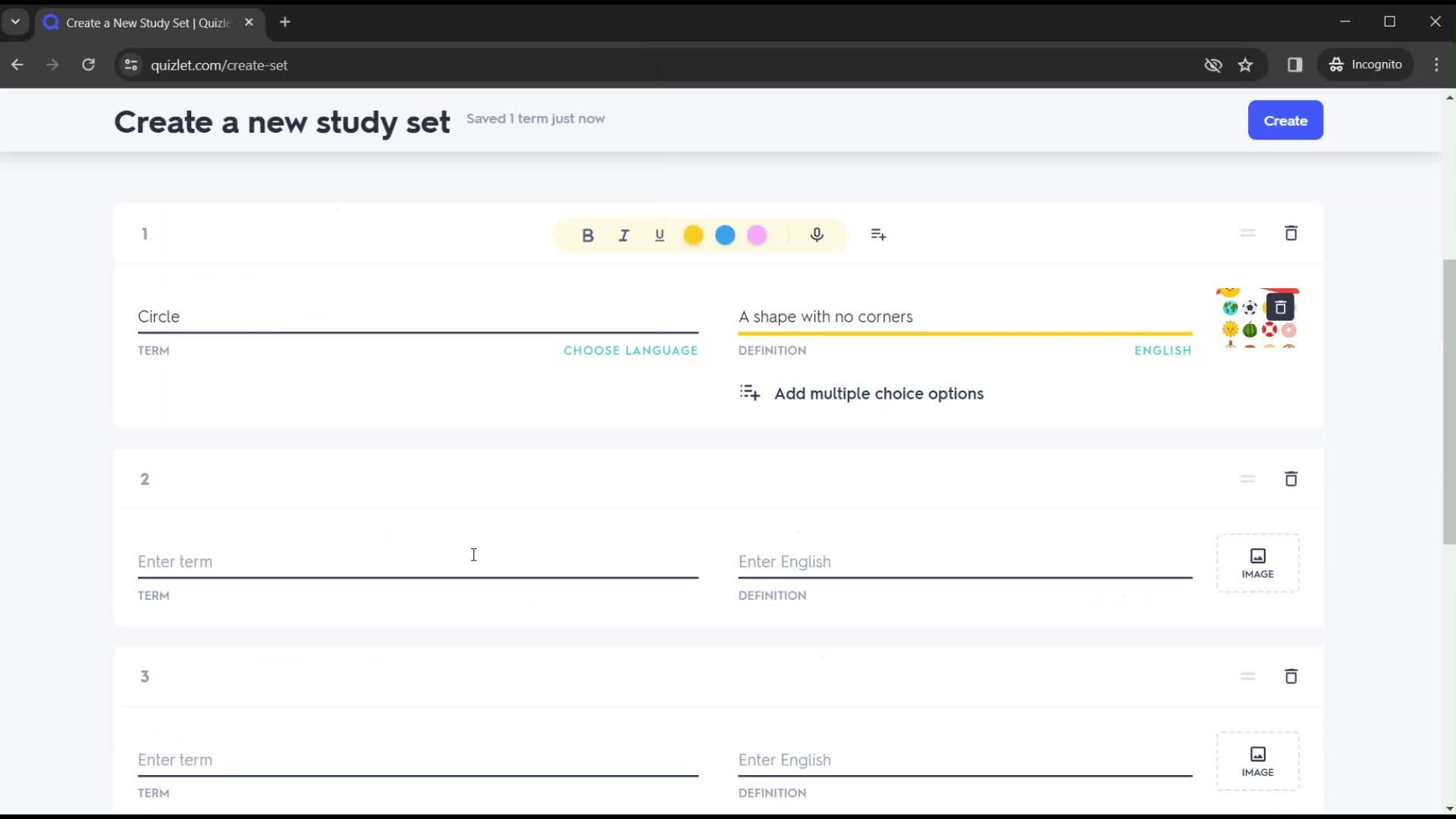 Creating a new study set screenshot