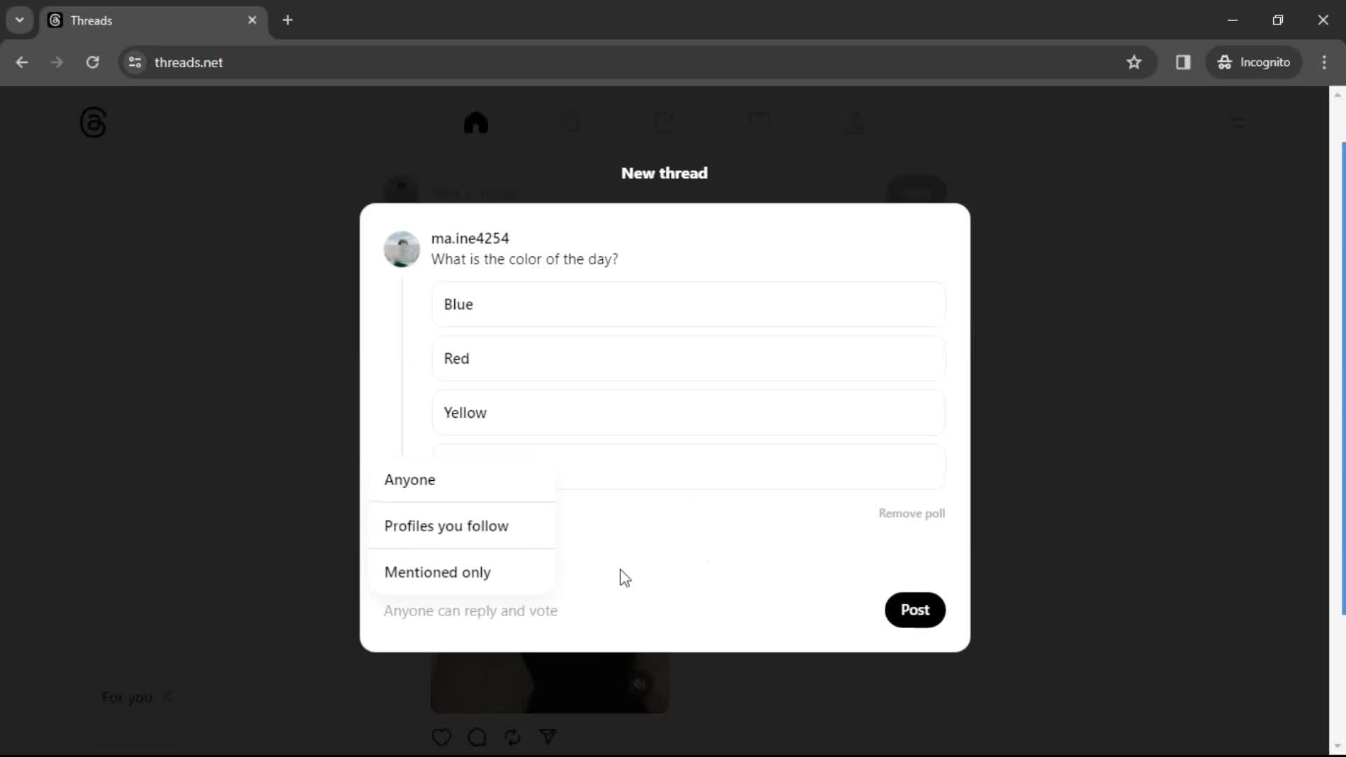 Creating a poll screenshot