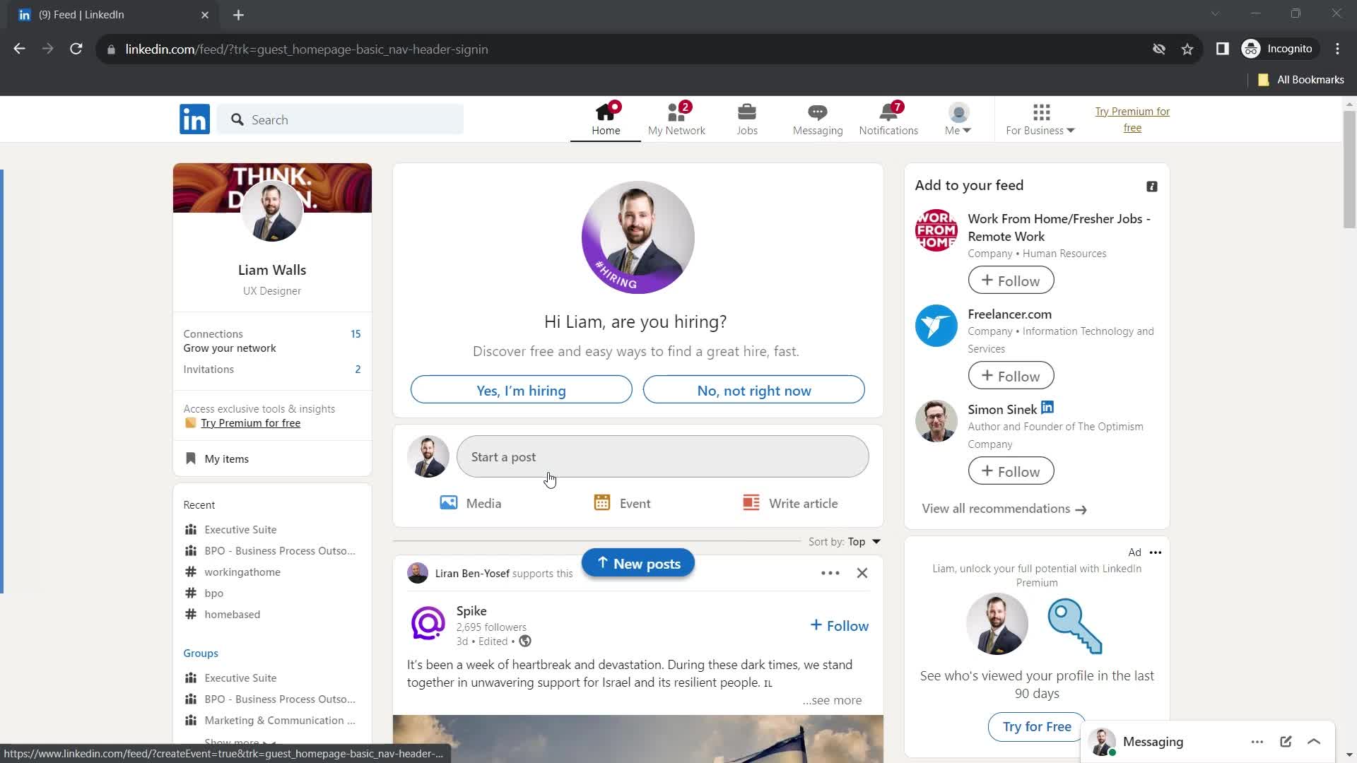 Screenshot of Home on Creating a post on LinkedIn user flow