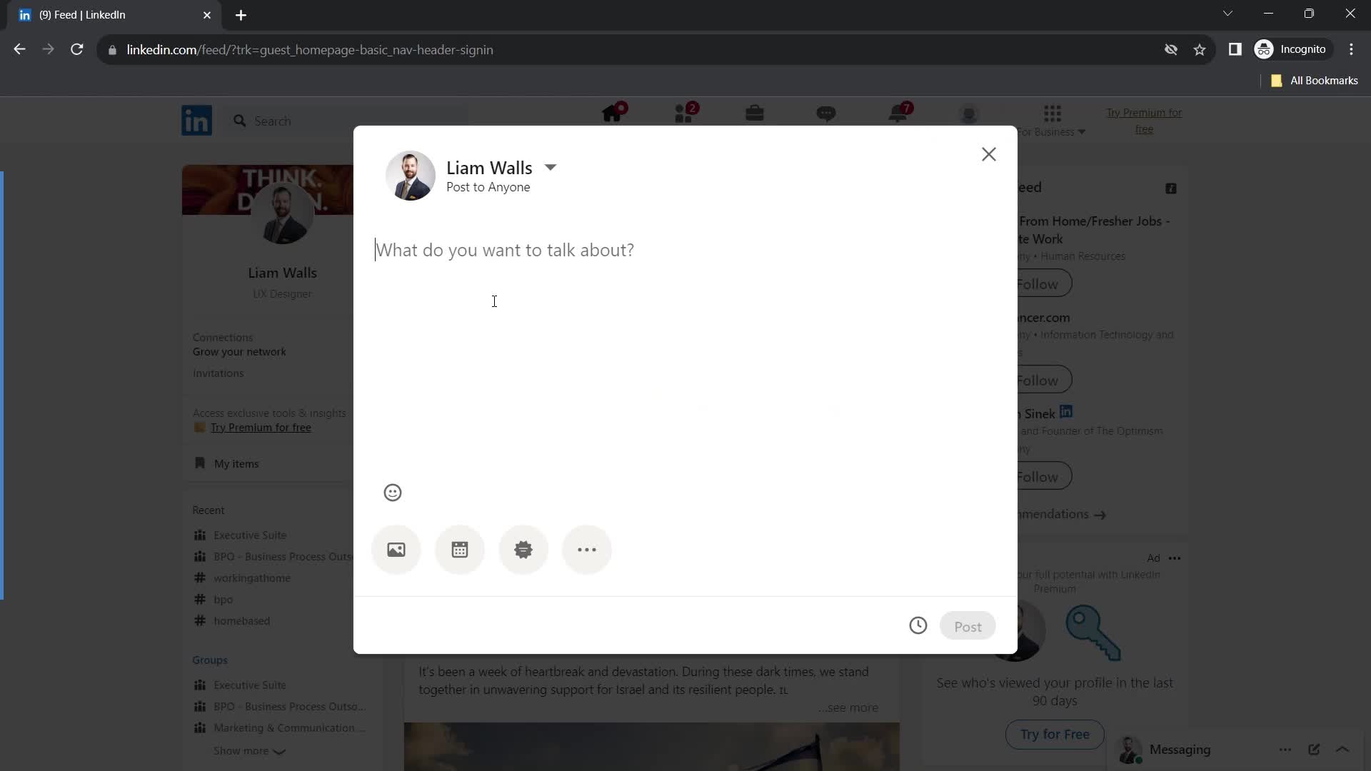 Screenshot of Add post content on Creating a post on LinkedIn user flow