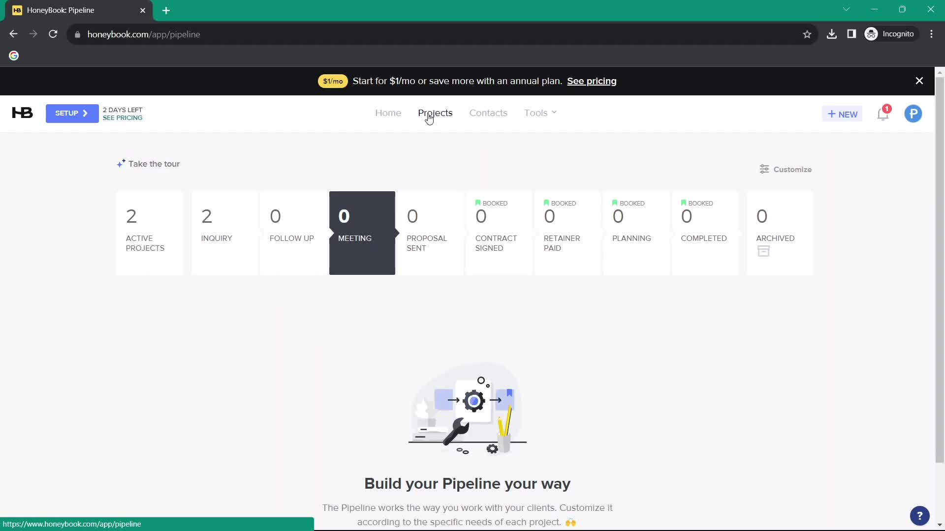 Screenshot of Projects on Creating a project on HoneyBook user flow
