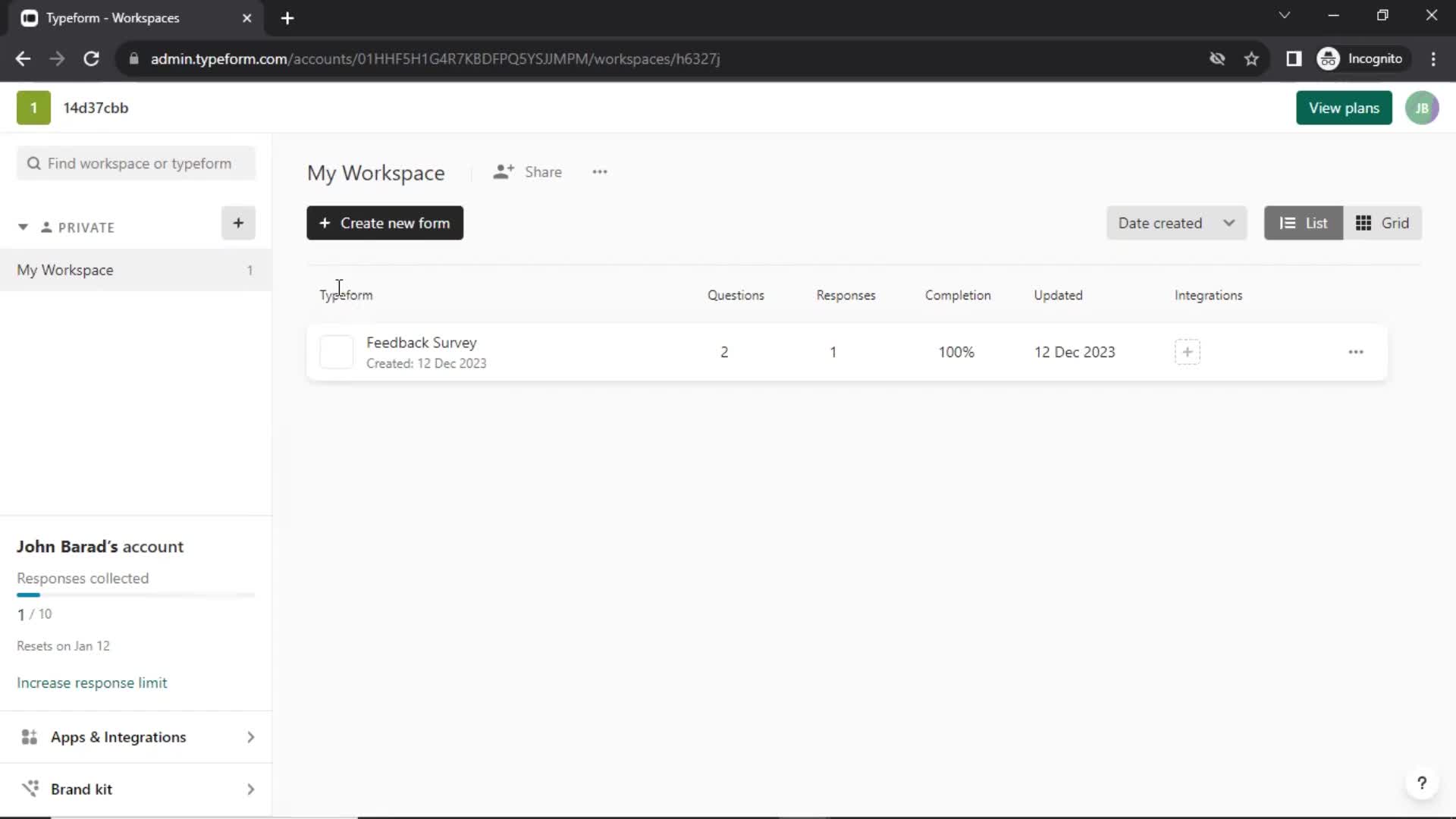 Screenshot of Workspace on Creating a workspace on Typeform user flow