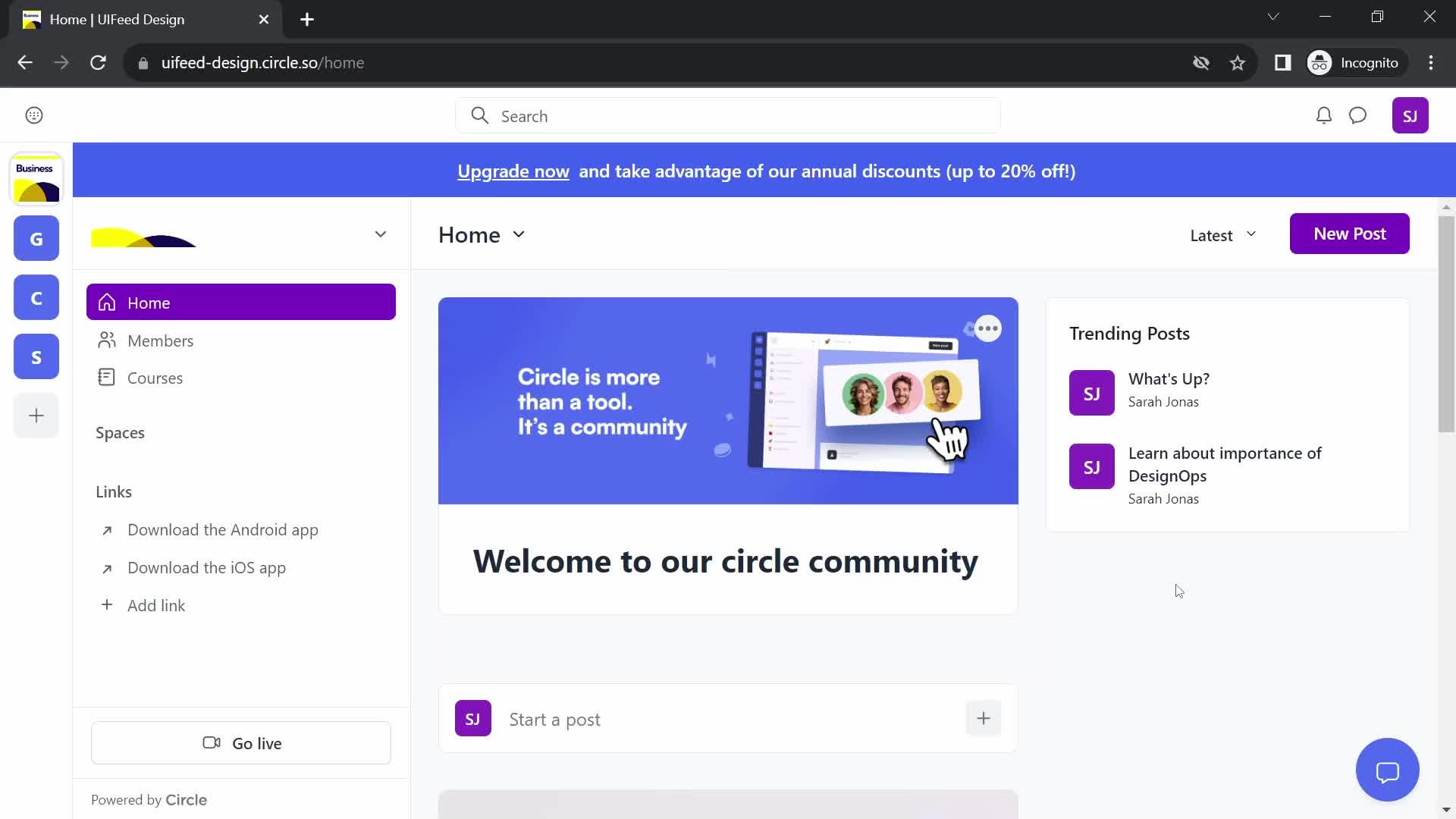 Screenshot of Home on Creating a group on Circle user flow