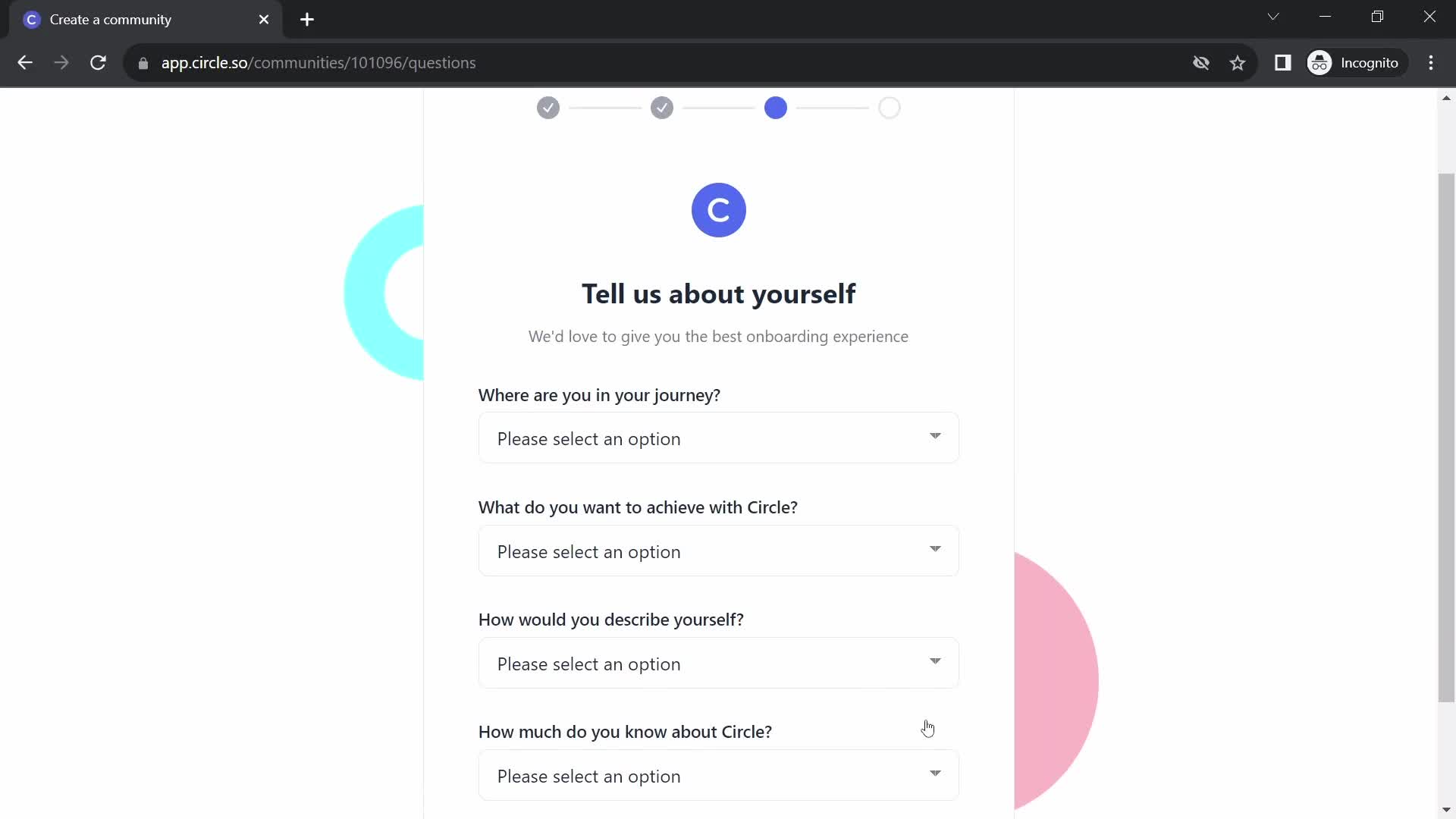 Screenshot of Onboarding survey on Creating a group on Circle user flow