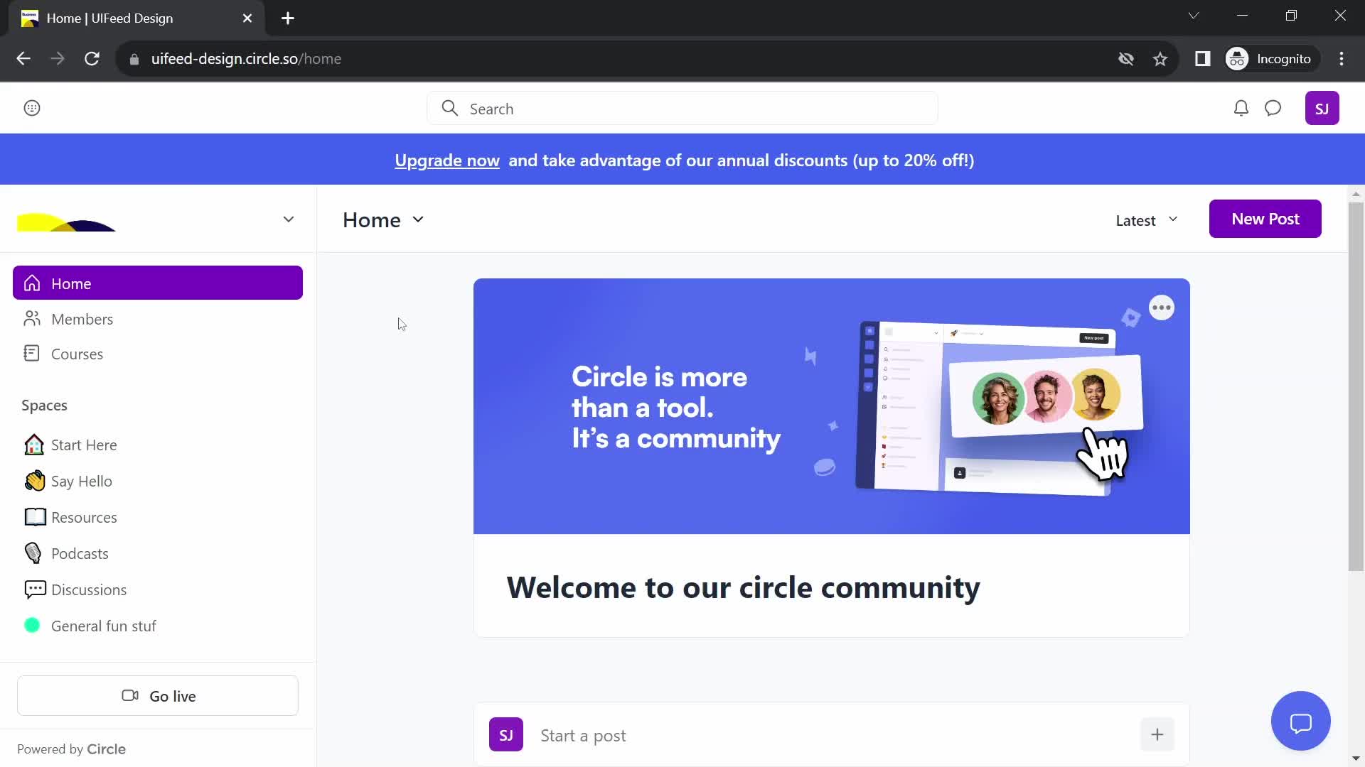 Screenshot of Home on Creating a course on Circle user flow