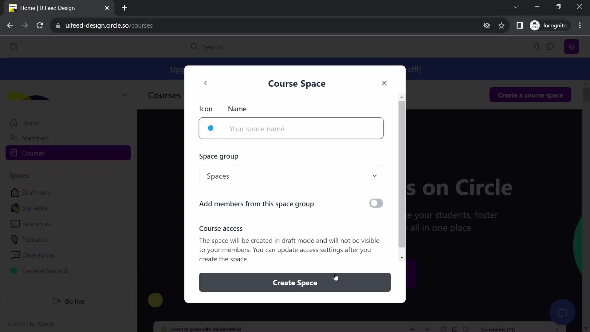 Screenshot of Add details on Creating a course on Circle user flow