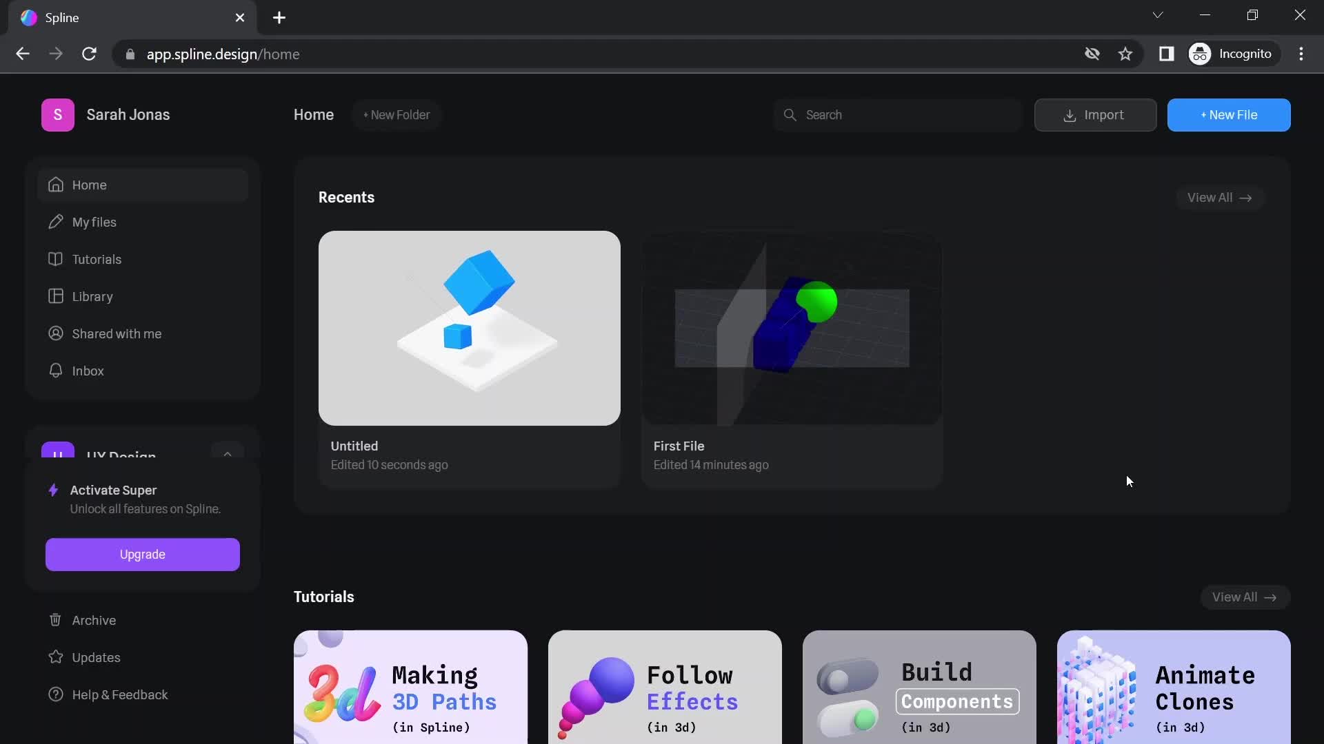 Screenshot of Home on Creating a design on Spline user flow
