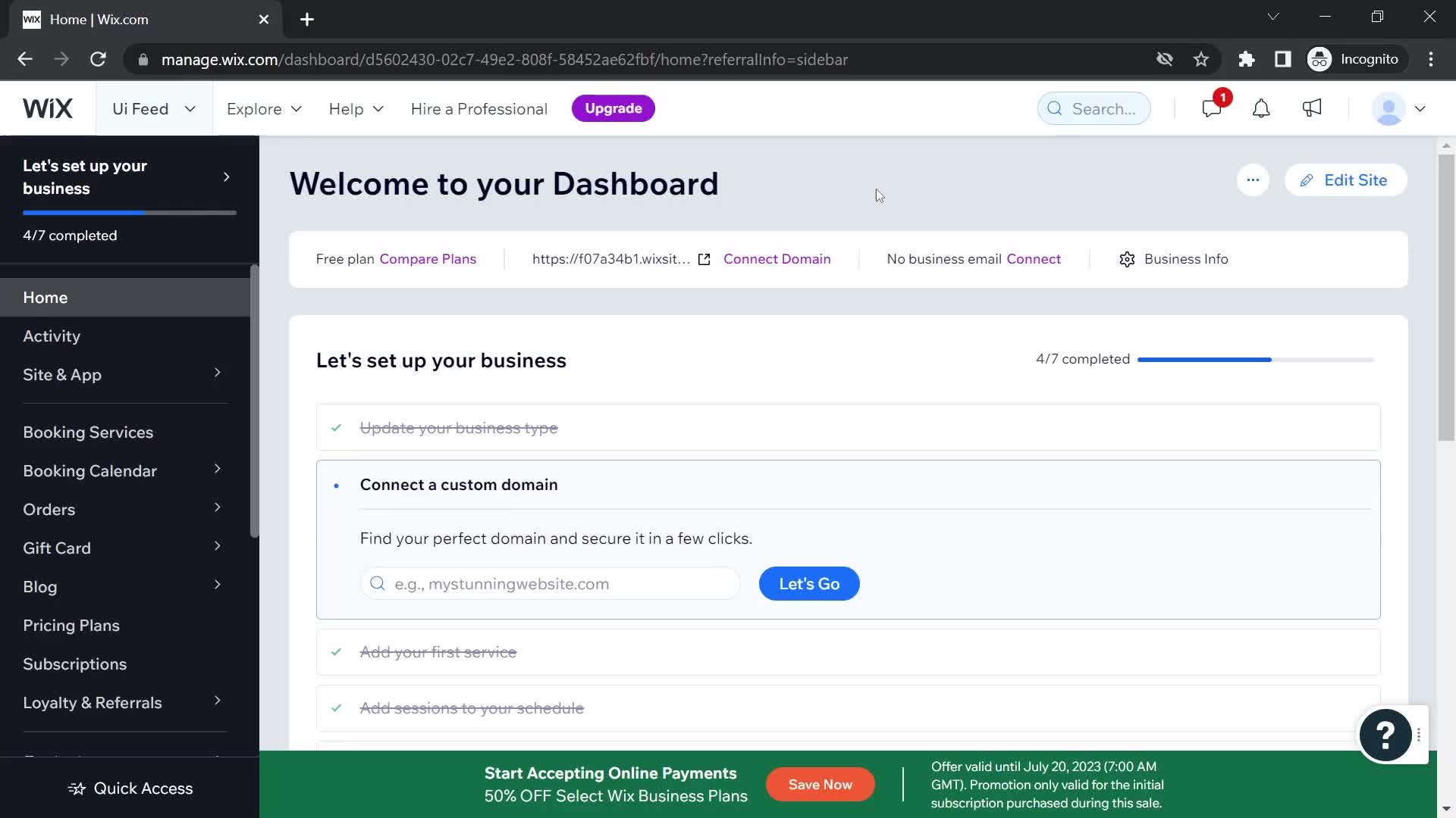 Screenshot of Dashboard on Creating a discount code on Wix user flow